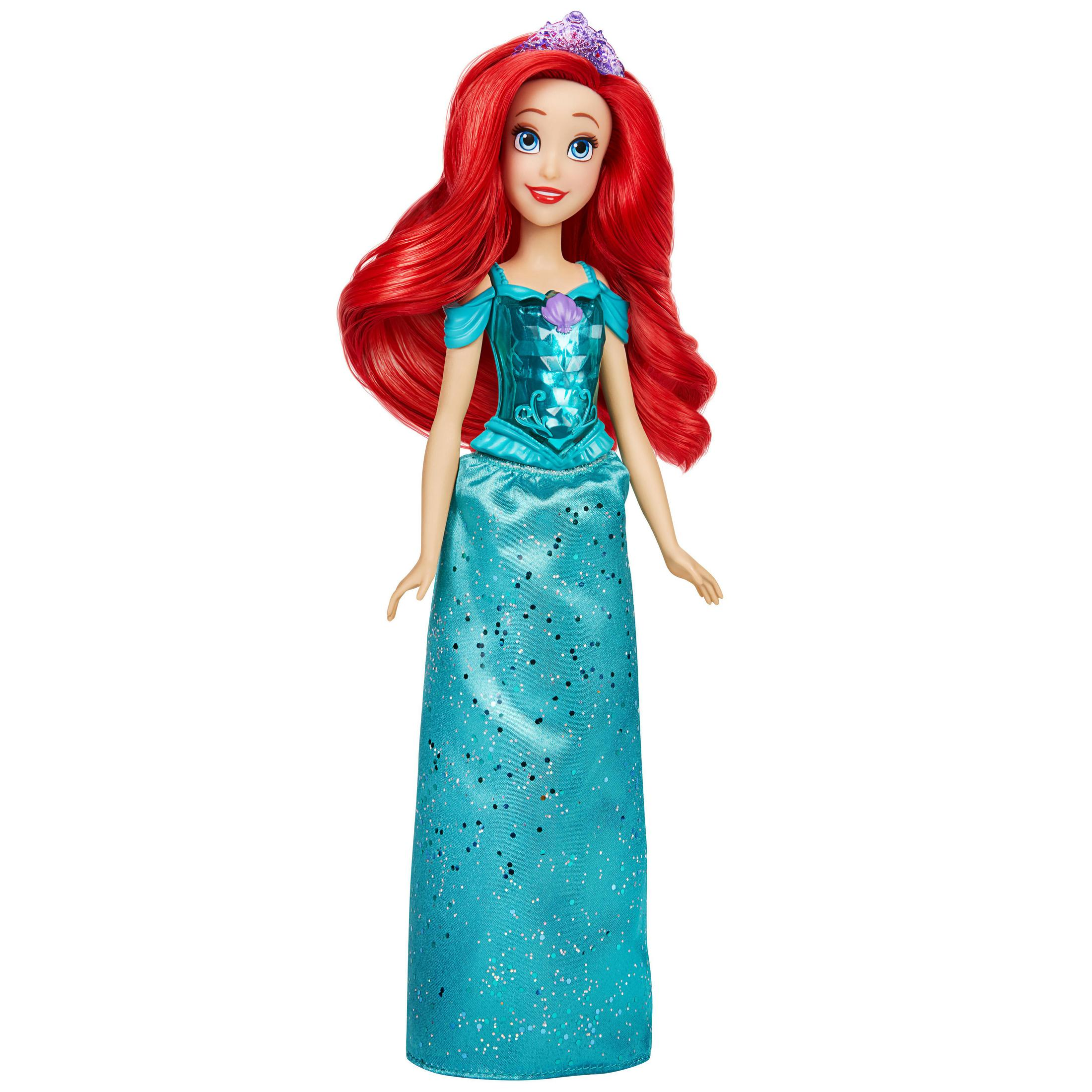 Bambola Ariel di Disney con capelli rossi, vestito turchese e tiara viola, su sfondo bianco.