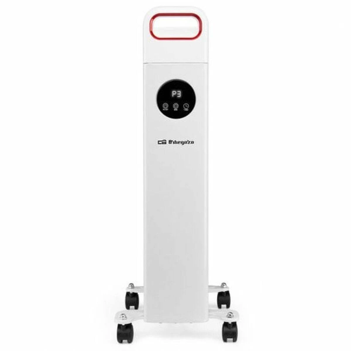 Biały, pionowy grzejnik z czerwonym górnym uchwytem i wyświetlaczem cyfrowym. Ma kółka.