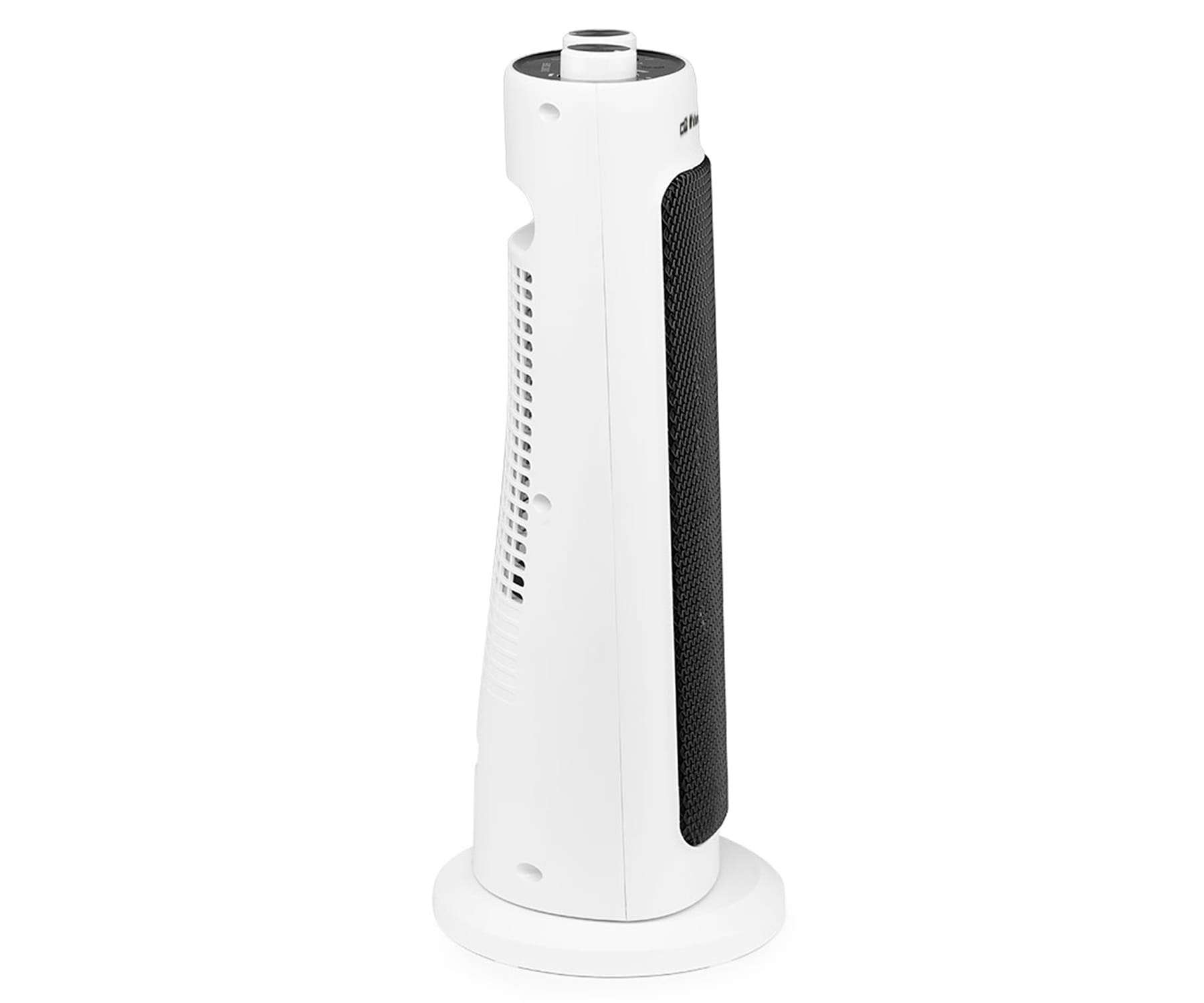 Biały wentylator wieżowy z czarną siatką. Stoi na okrągłej podstawie, widok z boku, czysty design.