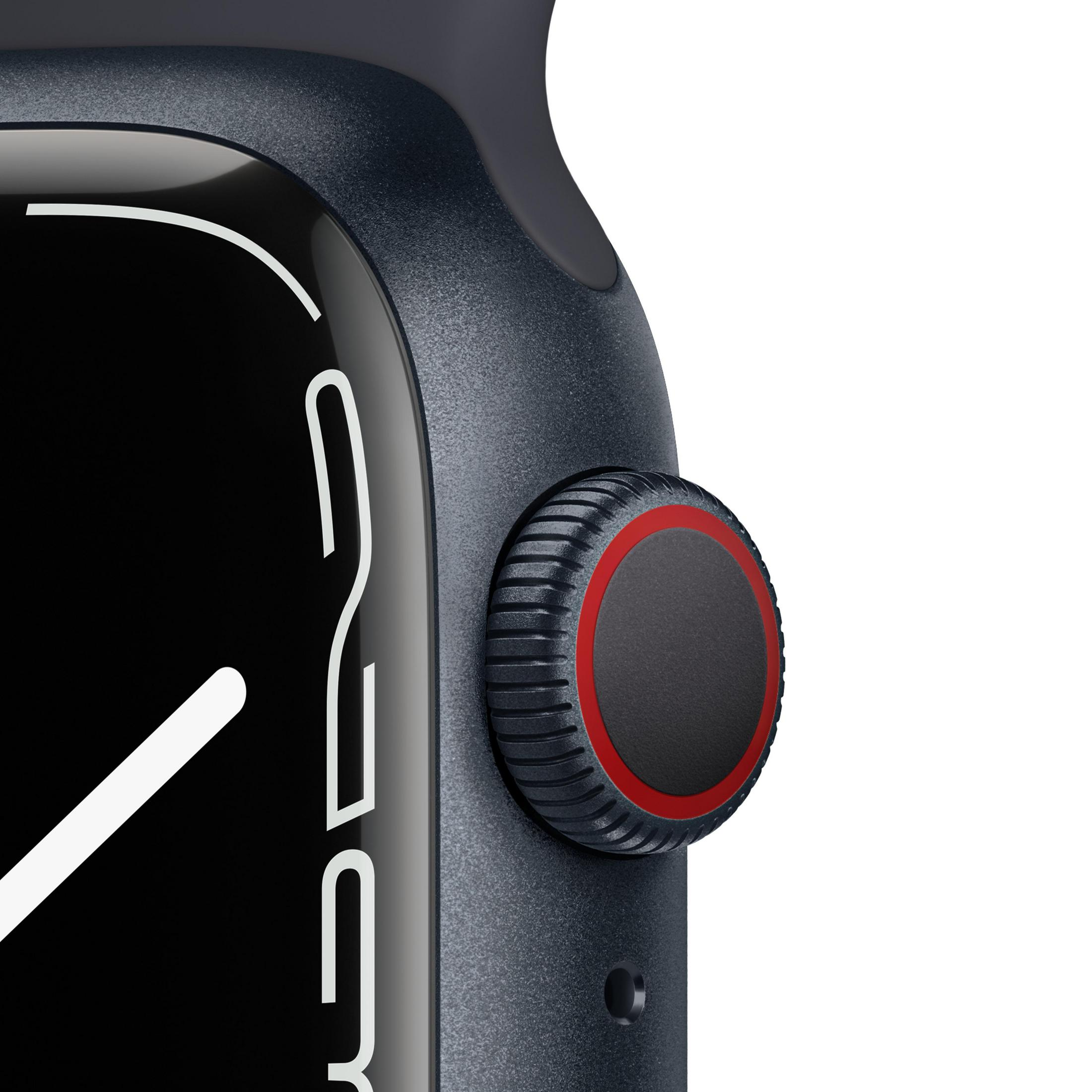 Nahaufnahme einer Smartwatch mit schwarzem Bildschirm und rotem Ring.