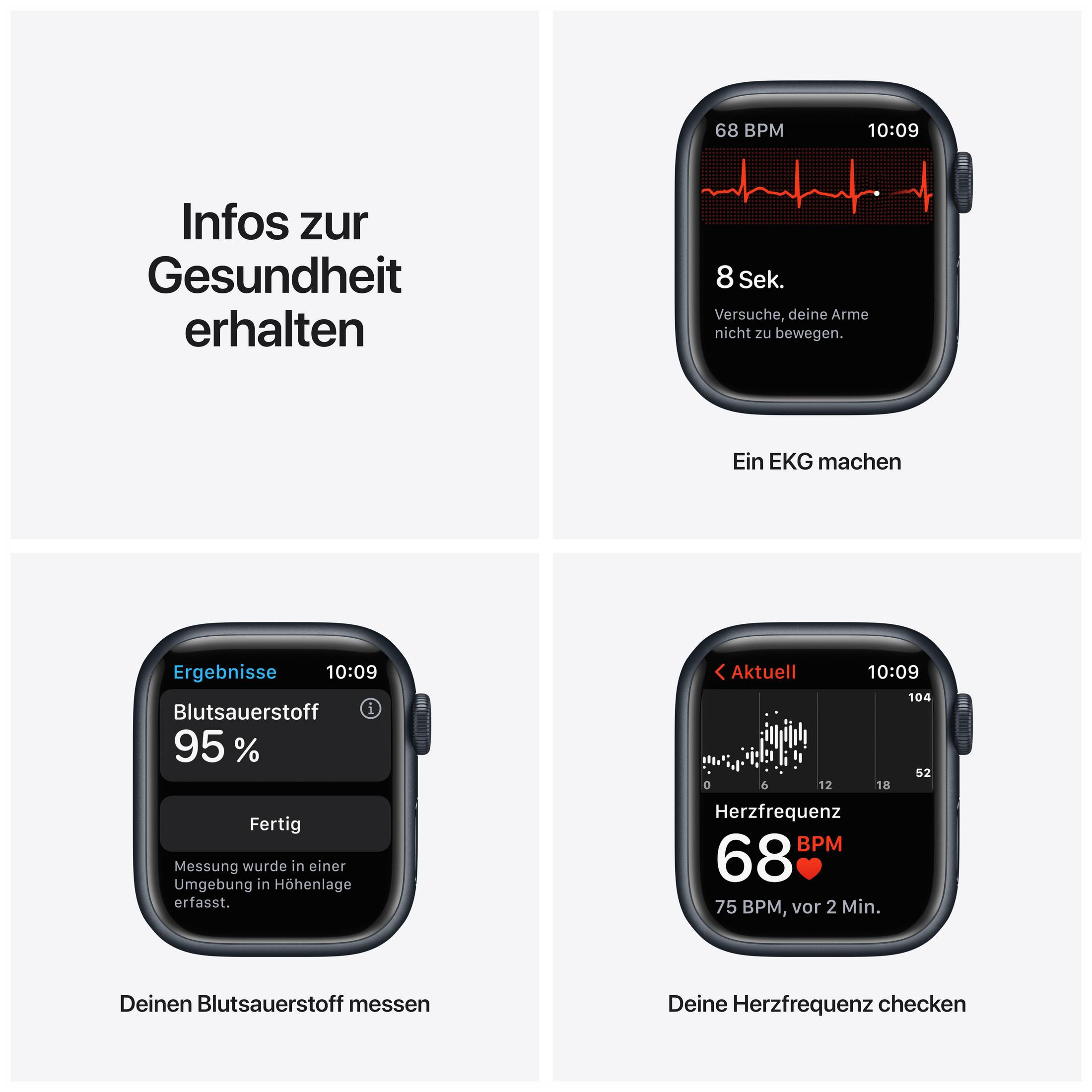 Apple Watch Oberfläche mit Herzfrequenz, Blutsauerstoff und EKG-Daten. Schwarze Uhr, weißer Hintergrund.
