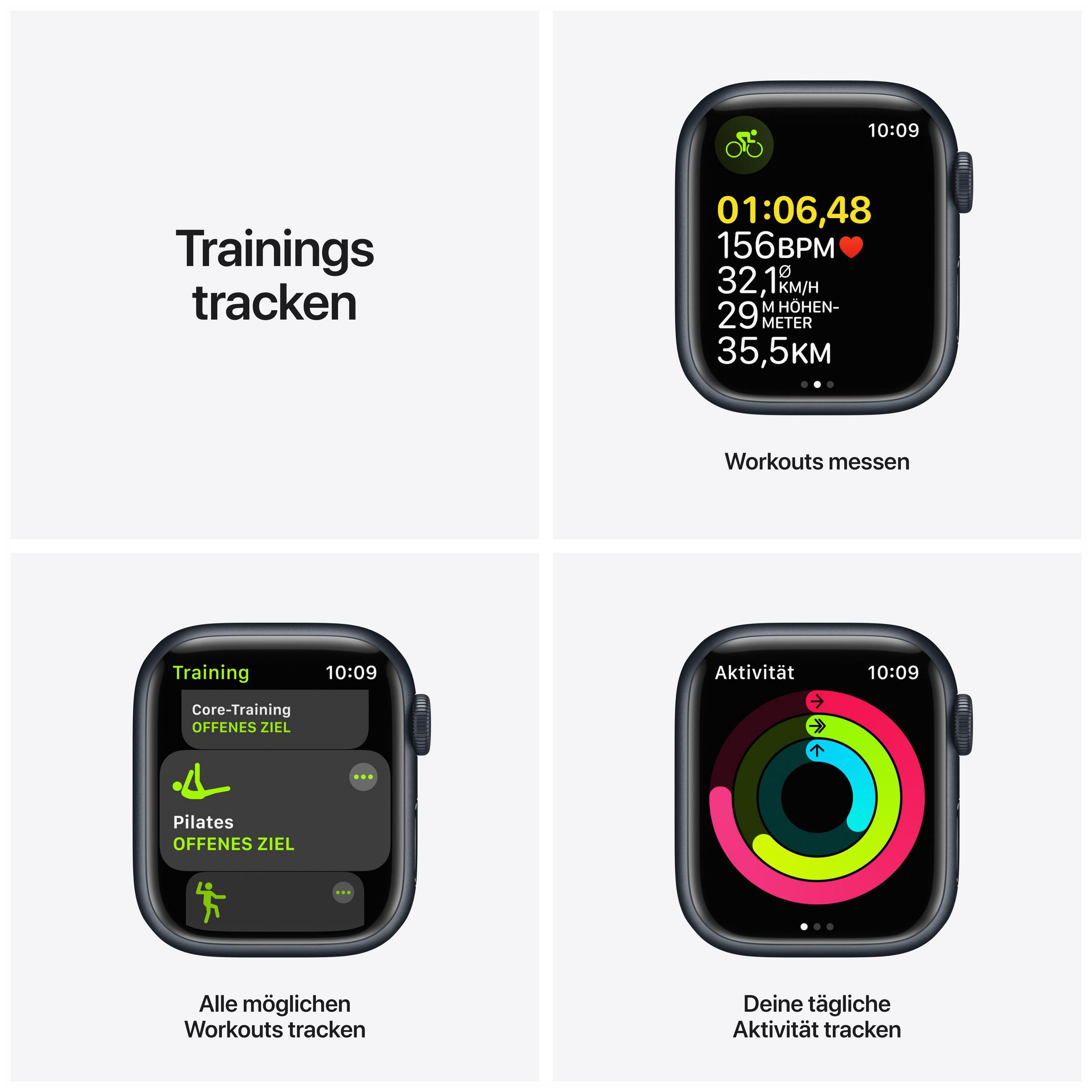 Apple Watch-Anzeigen mit Trainingsstatistiken, Trainingsoptionen und täglichen Aktivitätsringen.