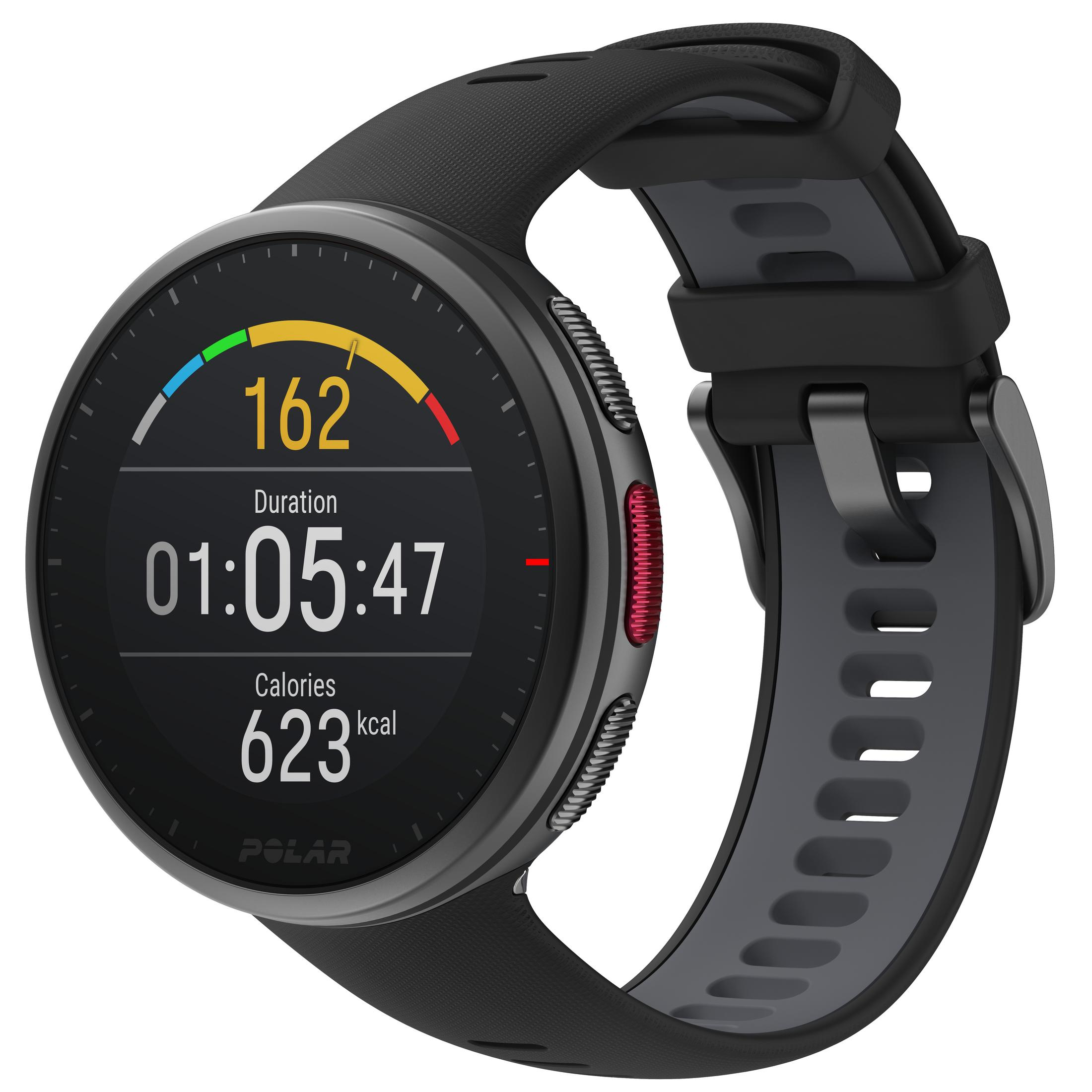 Schwarze Polar Smartwatch mit grauem Armband, zeigt Trainingsdaten im Display.