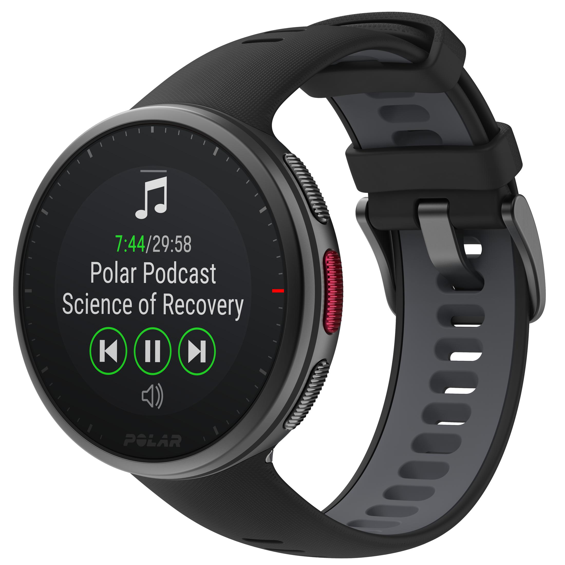 Schwarze Smartwatch mit schwarzem und grauem Armband. Weißer Hintergrund.