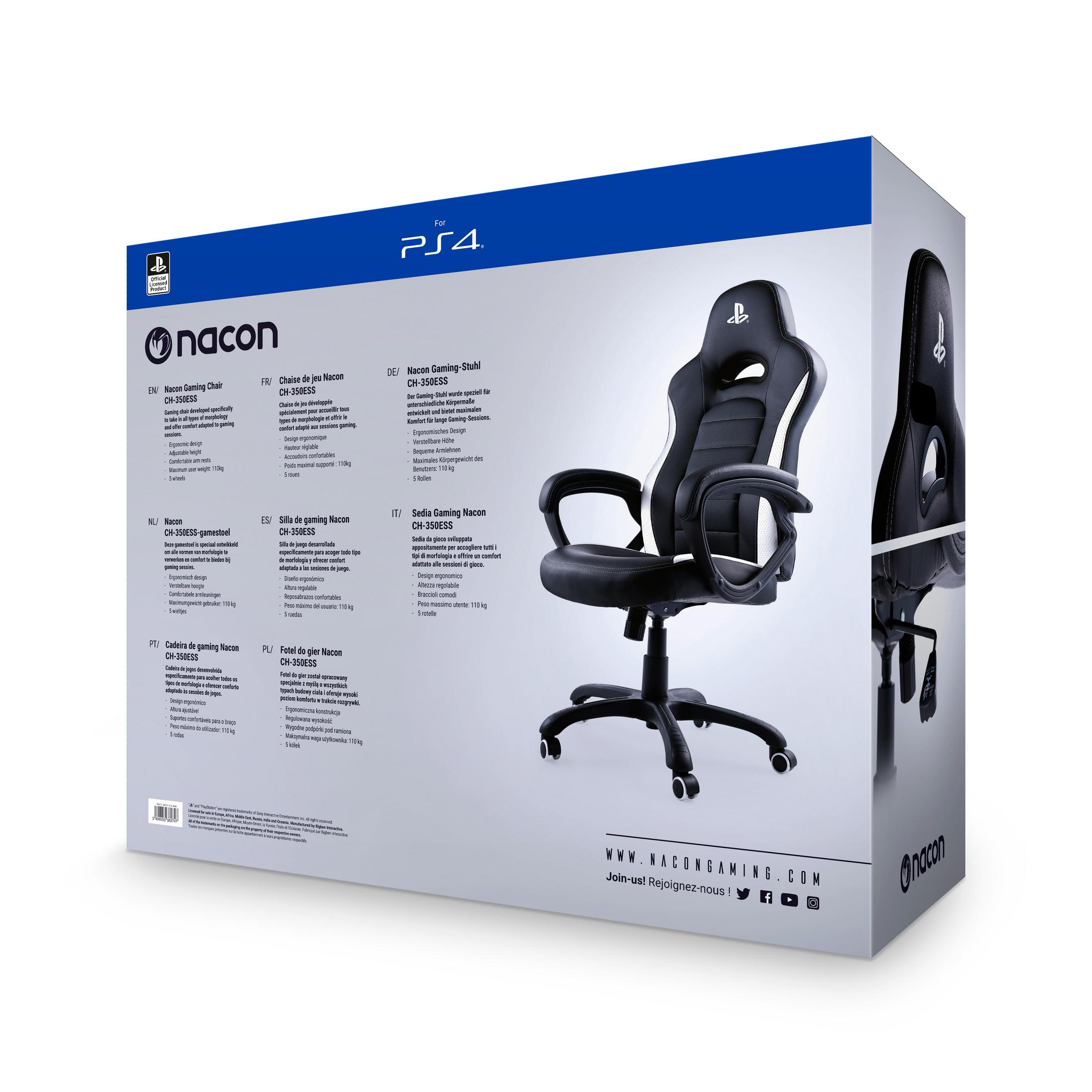 Gaming-Stuhl-Box mit Bildern des Stuhls, Text in mehreren Sprachen und einem PlayStation-Logo.