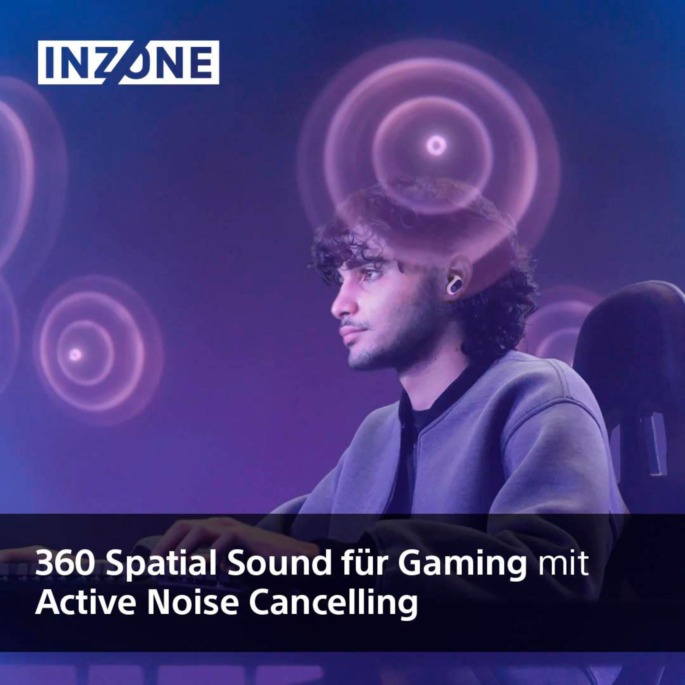 Ein Mann spielt mit Kopfhörern. Text: '360 Spatial Sound' und 'Active Noise Cancelling'.