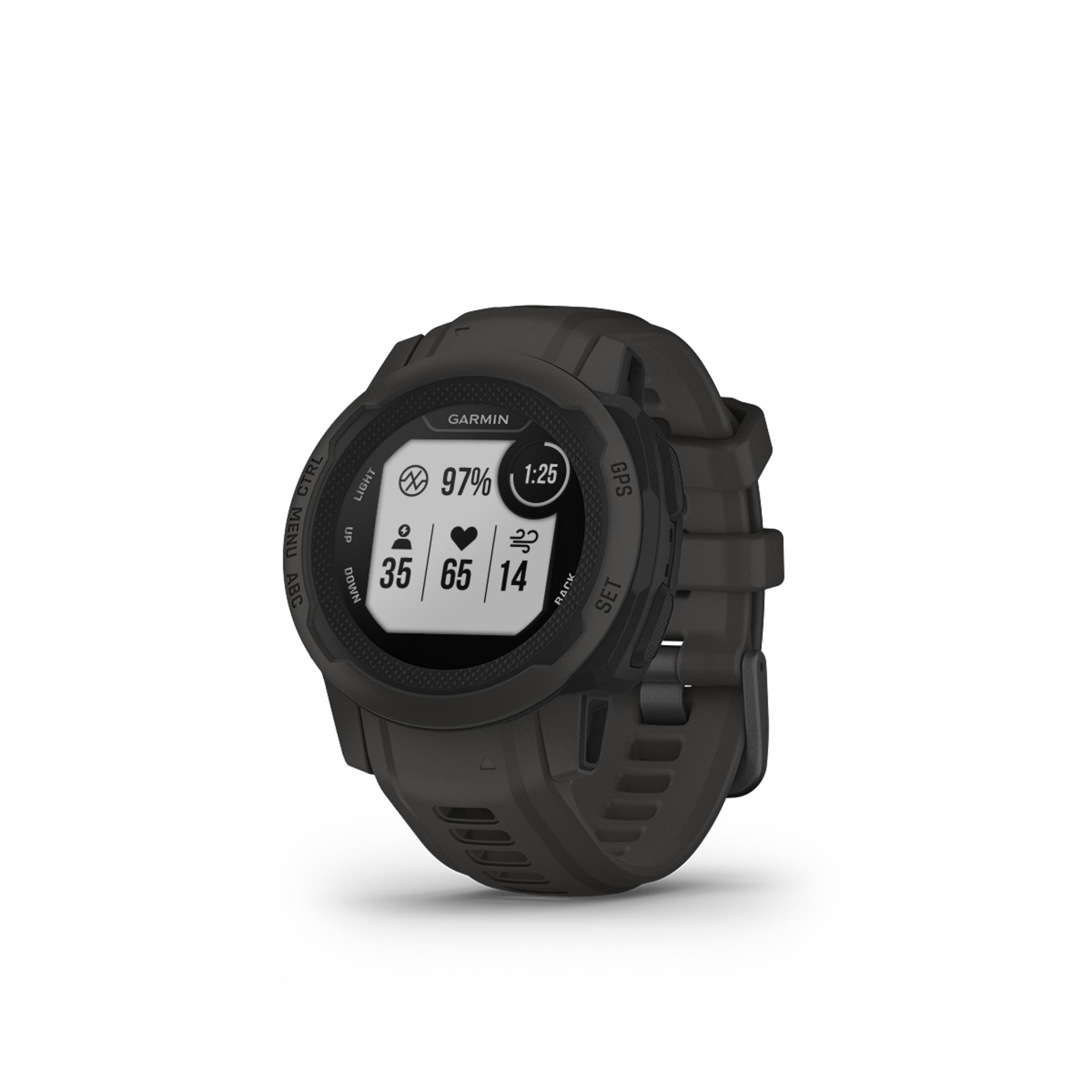 Eine dunkelgraue Garmin Smartwatch mit schwarzem Bildschirm. Zeigt Herzfrequenz, Akkulaufzeit und andere Infos.