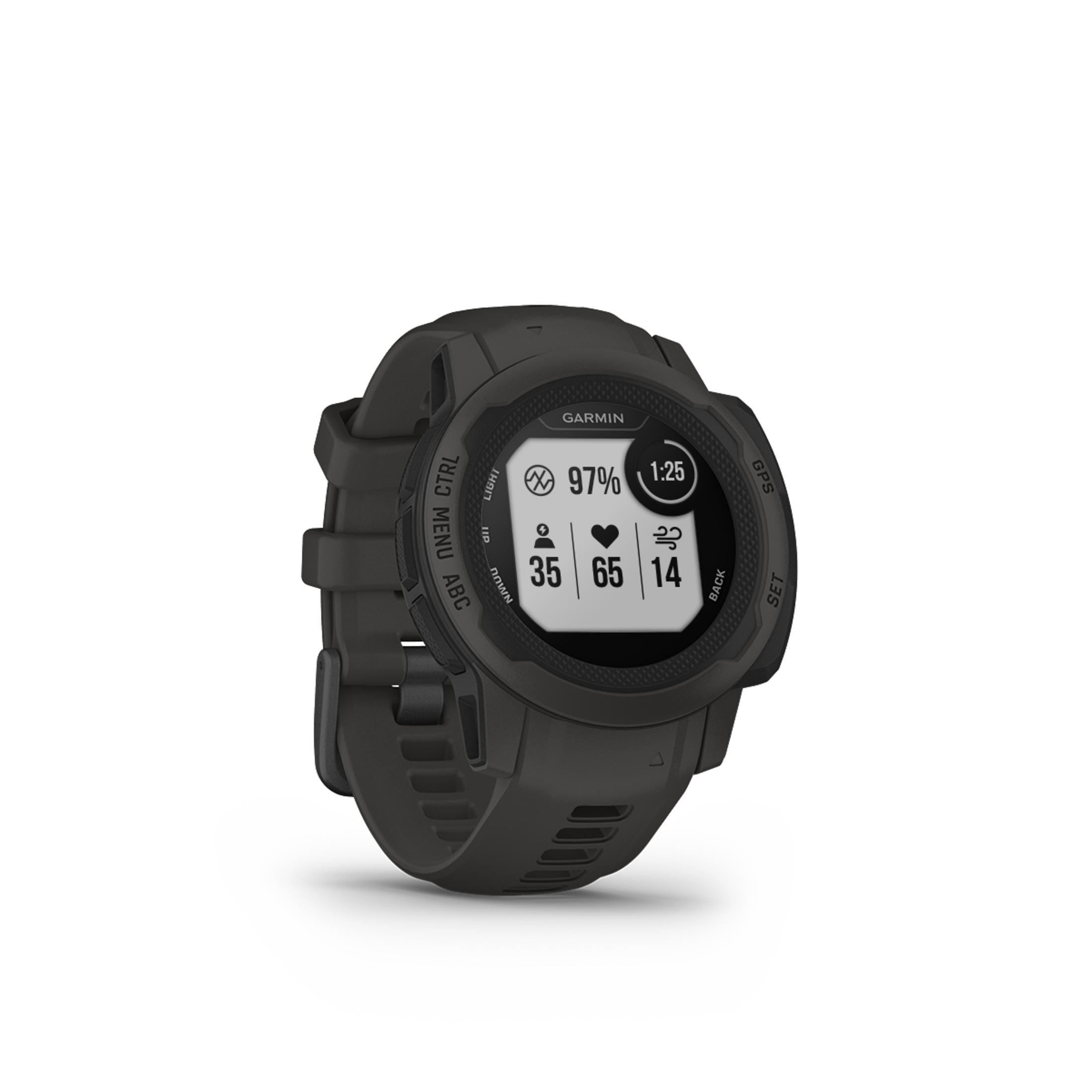Eine schwarze Garmin-Smartwatch, die Daten anzeigt.
