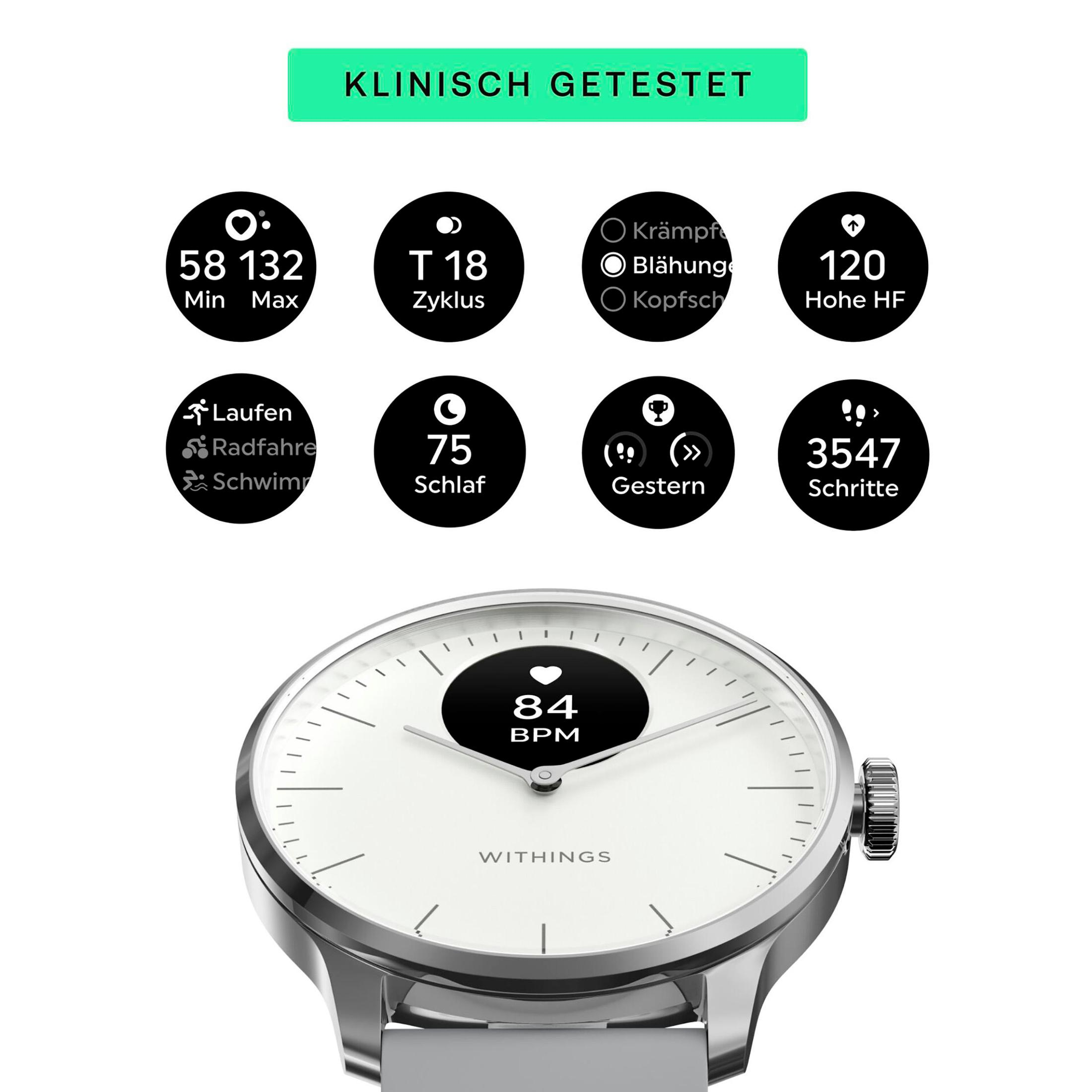 Srebrny smartwatch Withings wyświetla statystyki: 84 BPM, 58-132 min/max, cykl T18, 75 snu, kroki i aktywności.