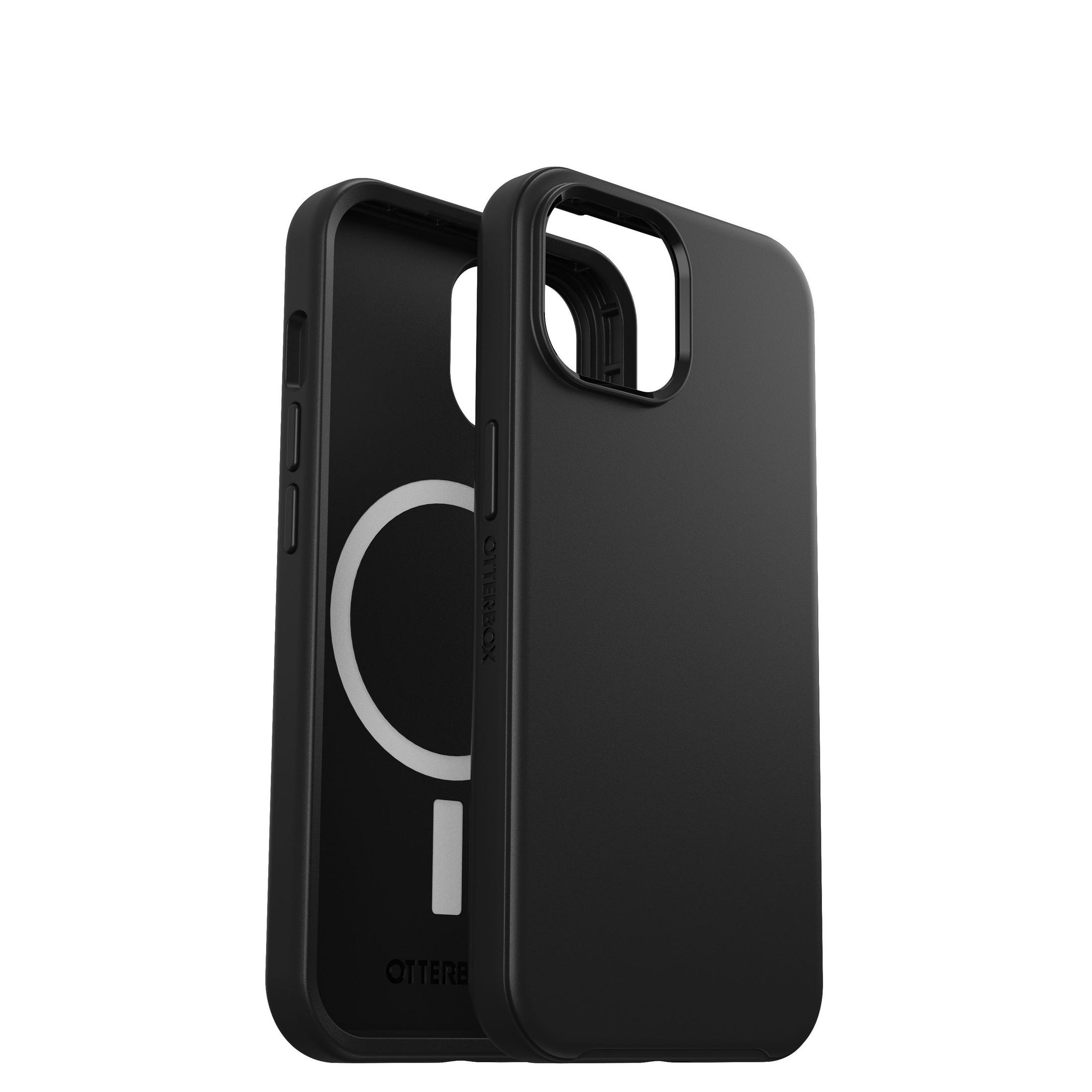 Twee zwarte telefoonhoesjes open, die de binnen- en buitenkant laten zien.