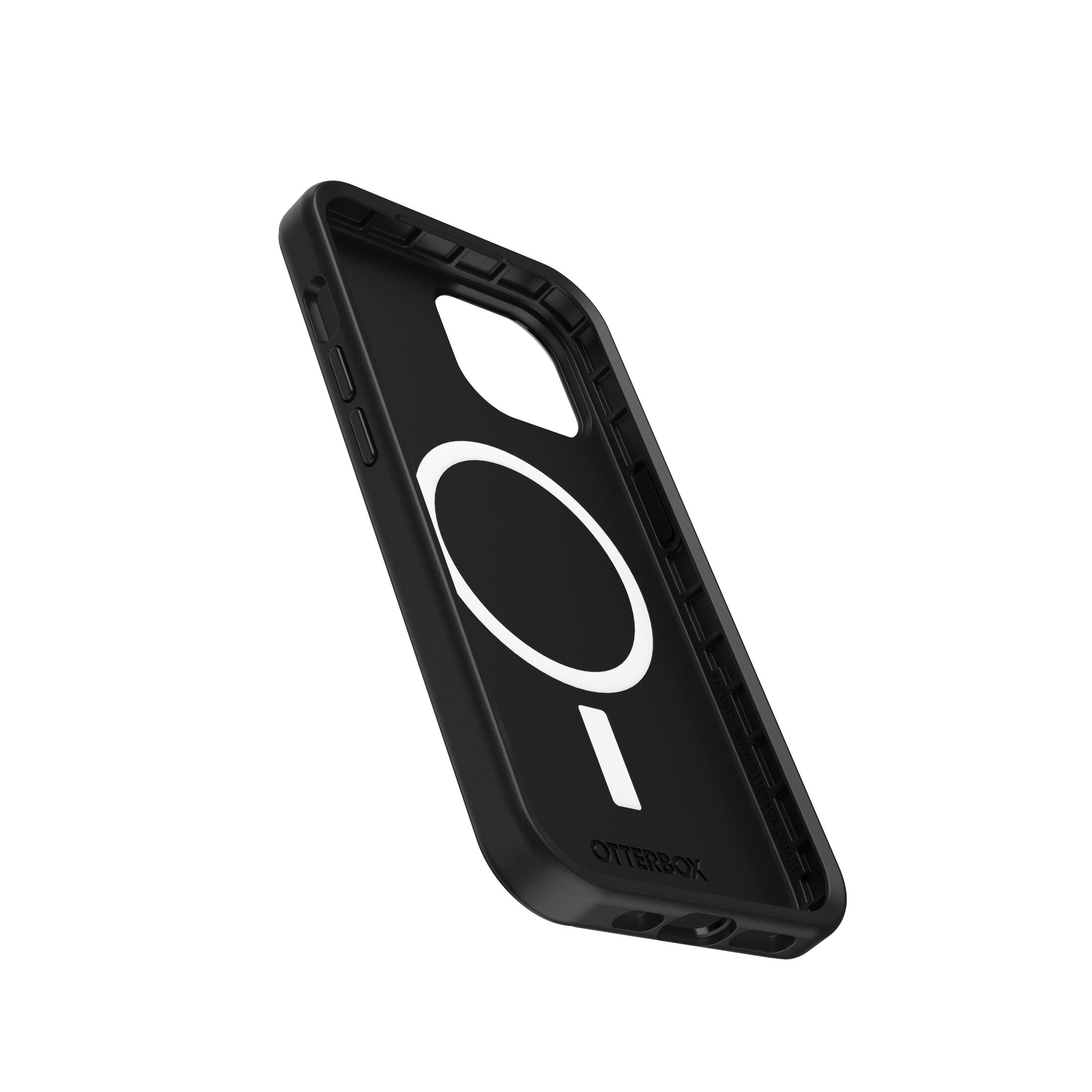 Zwarte Otterbox telefoonhoes met een witte cirkel en een minteken. Witte achtergrond.