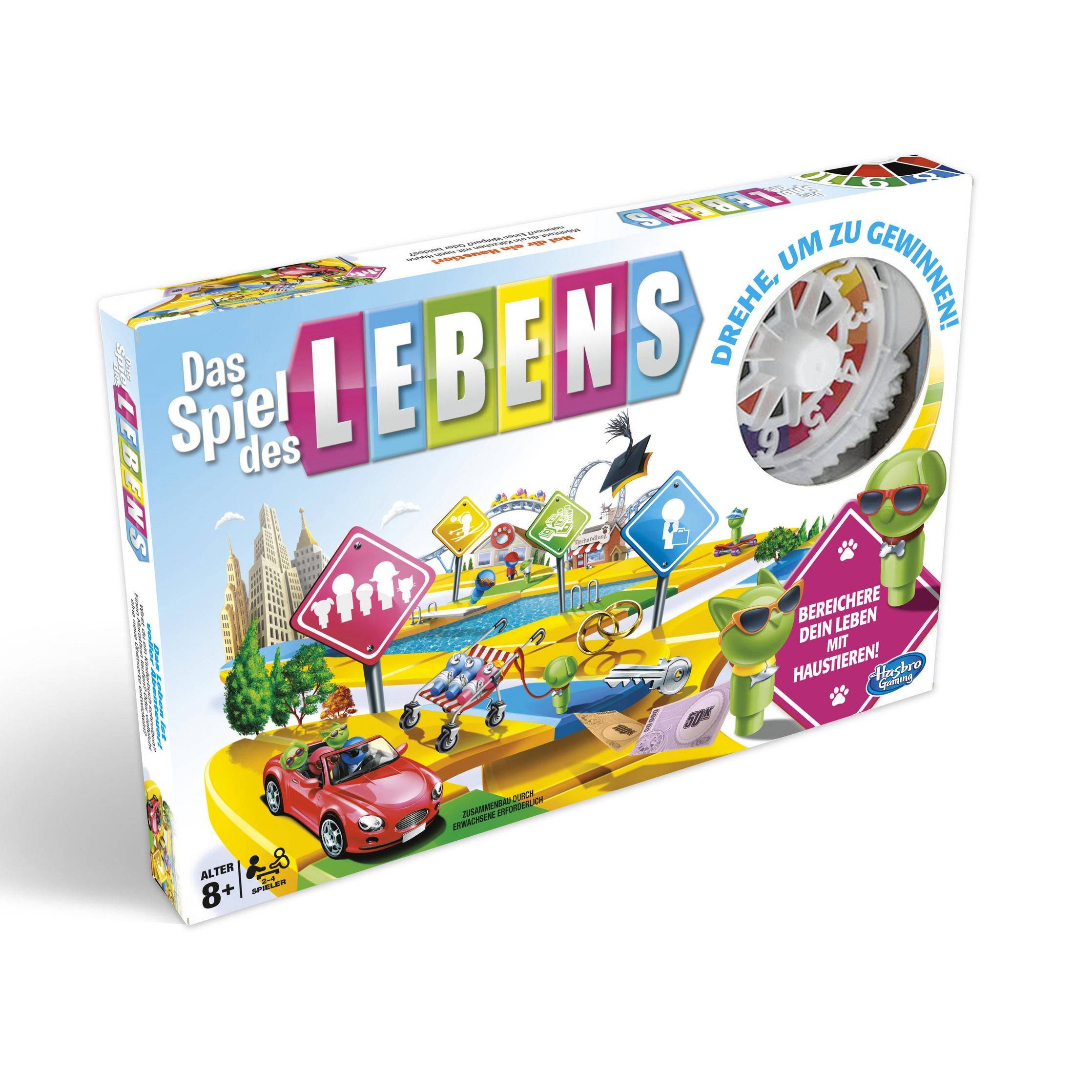 Schachtel des Spiels 'Das Spiel des Lebens' mit Autos und Figuren auf weißem Hintergrund.