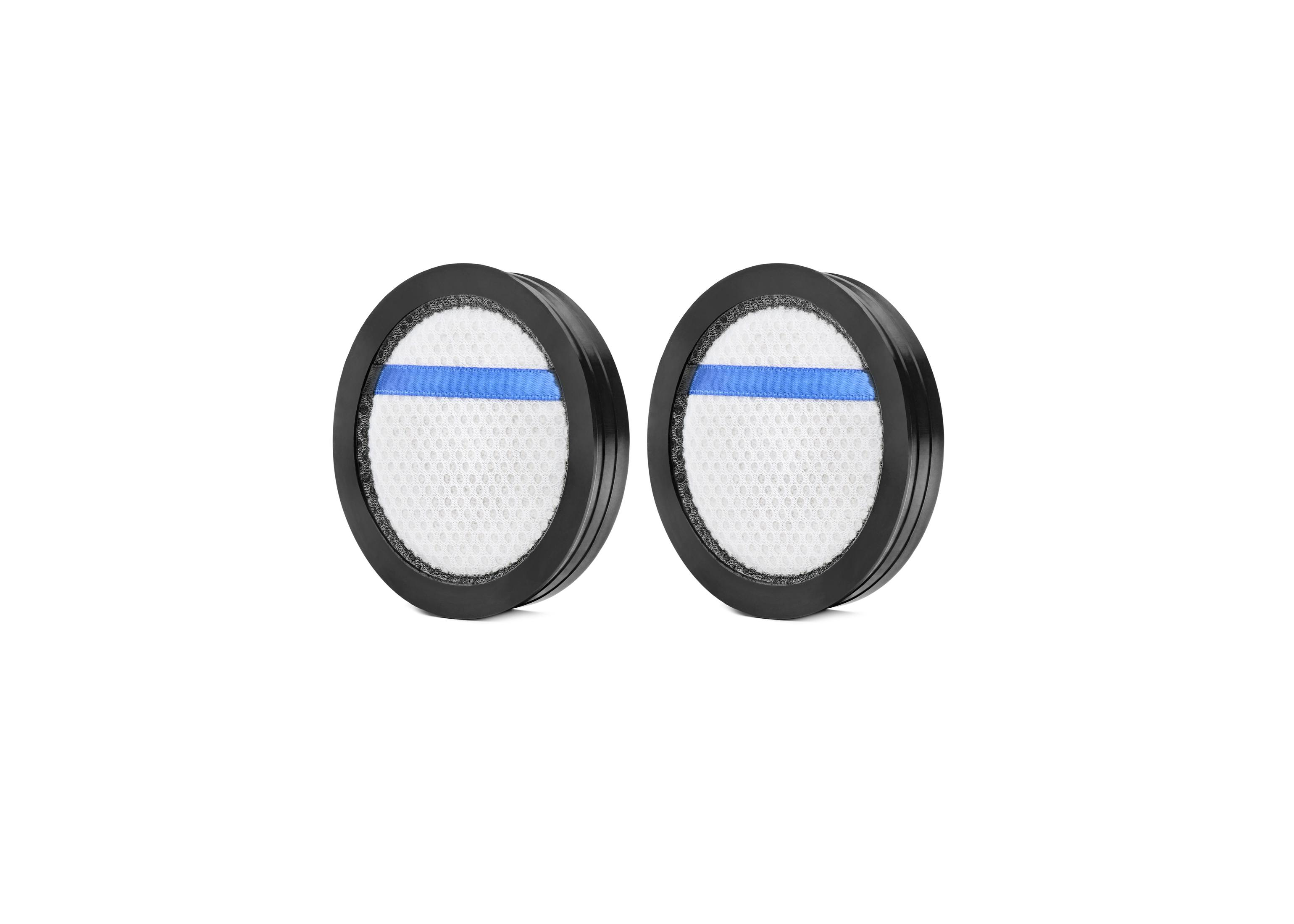Dos filtros redondos, negros con una franja azul. Fondo blanco.