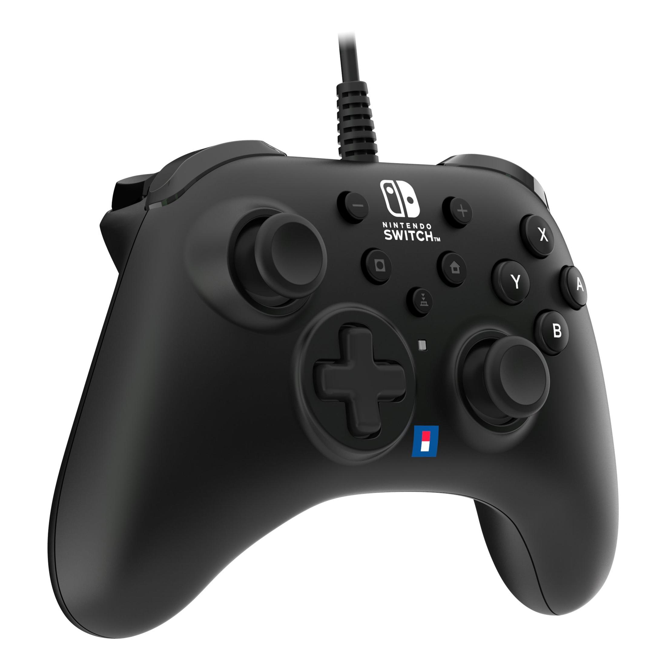 Schwarzer Nintendo Switch-Controller mit Tasten, Steuerkreuz und Kabel.