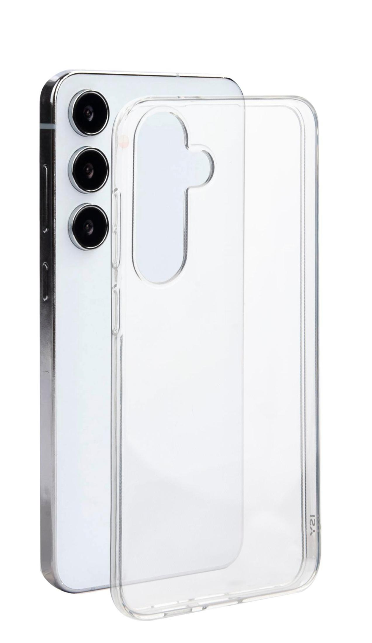 Transparente Handyhülle auf einem silbernen Telefon. Hülle auf der Rückseite des Telefons. Weißer Hintergrund.
