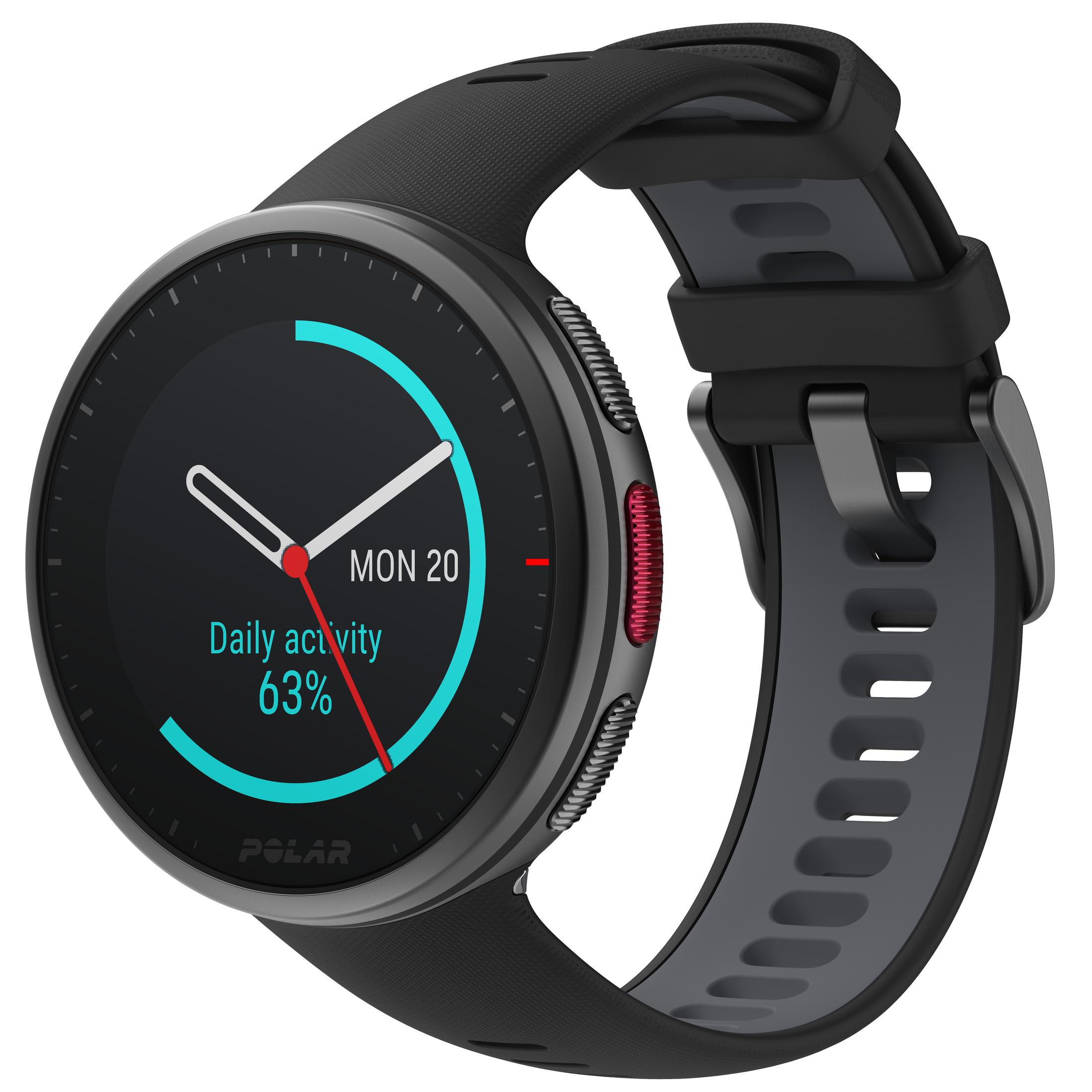 Schwarze und graue Smartwatch mit rundem Display. Das Display zeigt Datum und Aktivitätsprozentsatz an.
