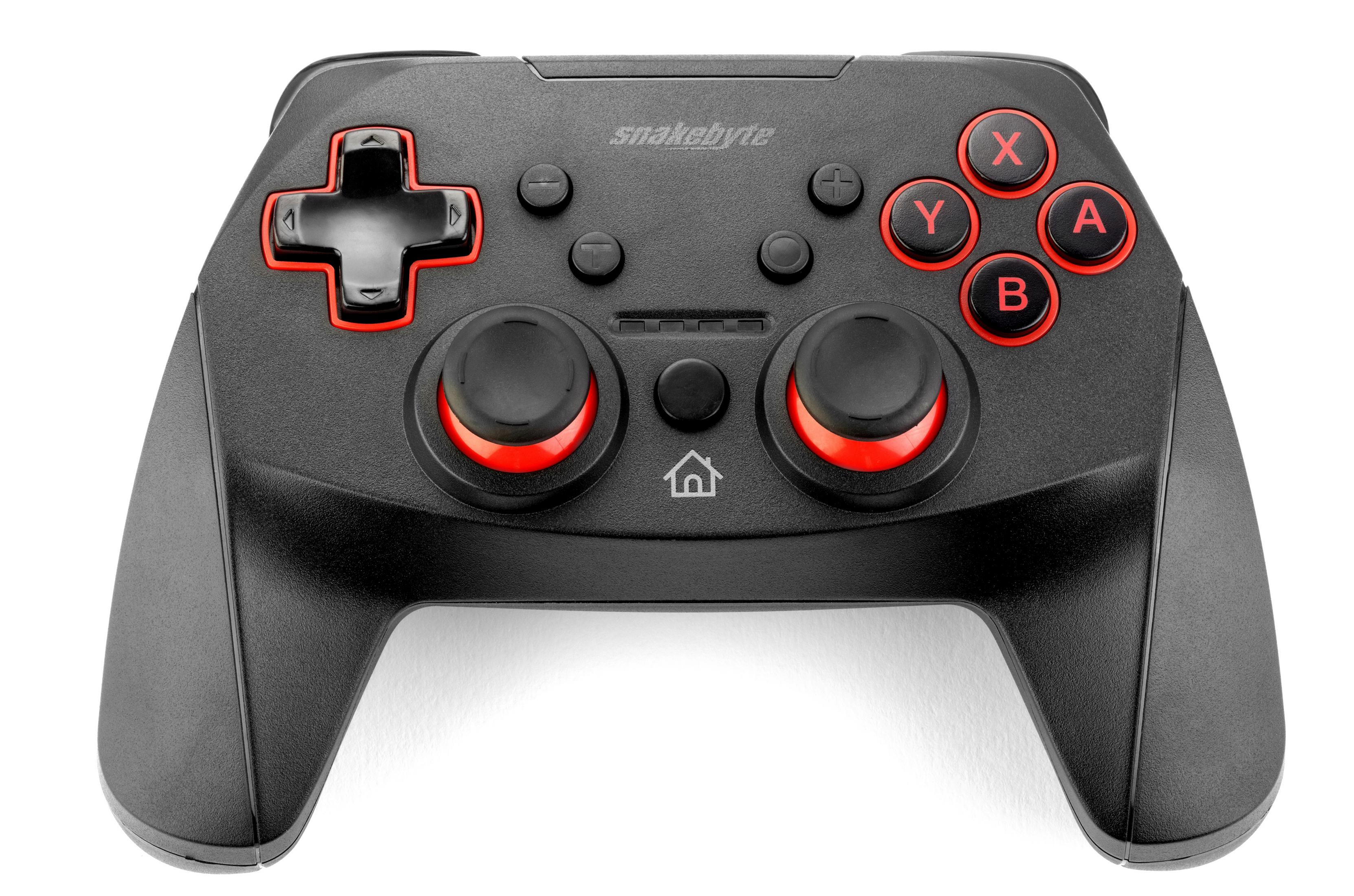 Czarny gamepad z czerwonymi przyciskami i detalami, z białym tłem.