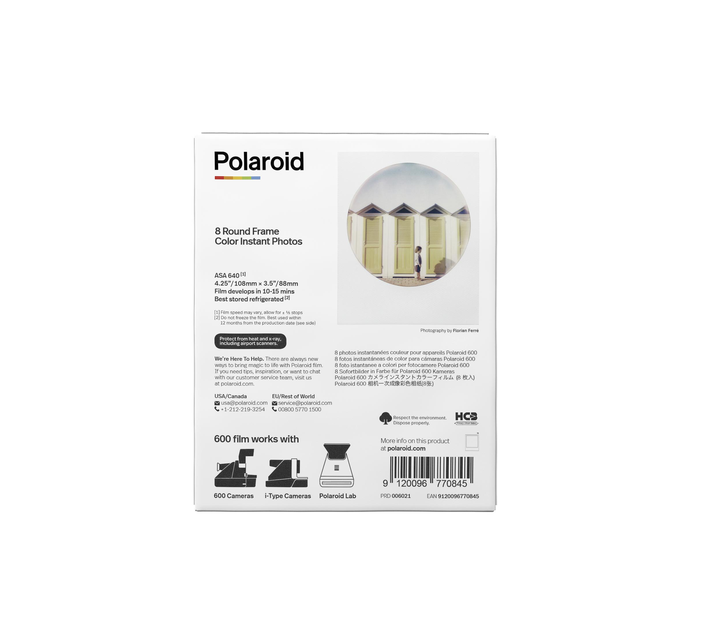 Rückseite der Polaroid-Filmbox mit Text und Foto von Strandhütten. Enthält Produktinformationen.