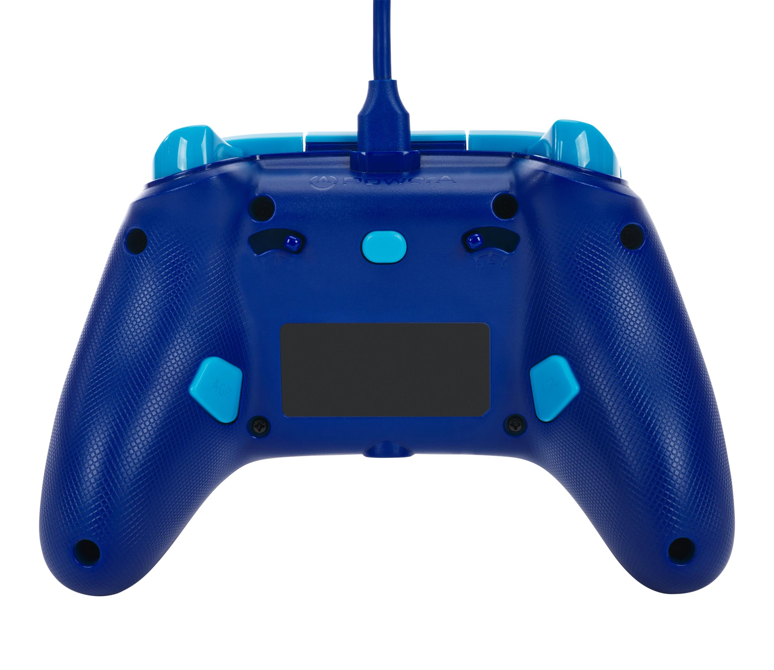 Niebieski kontroler do gier z różnymi przyciskami i kablem. Przyciski są jasnoniebieskie.