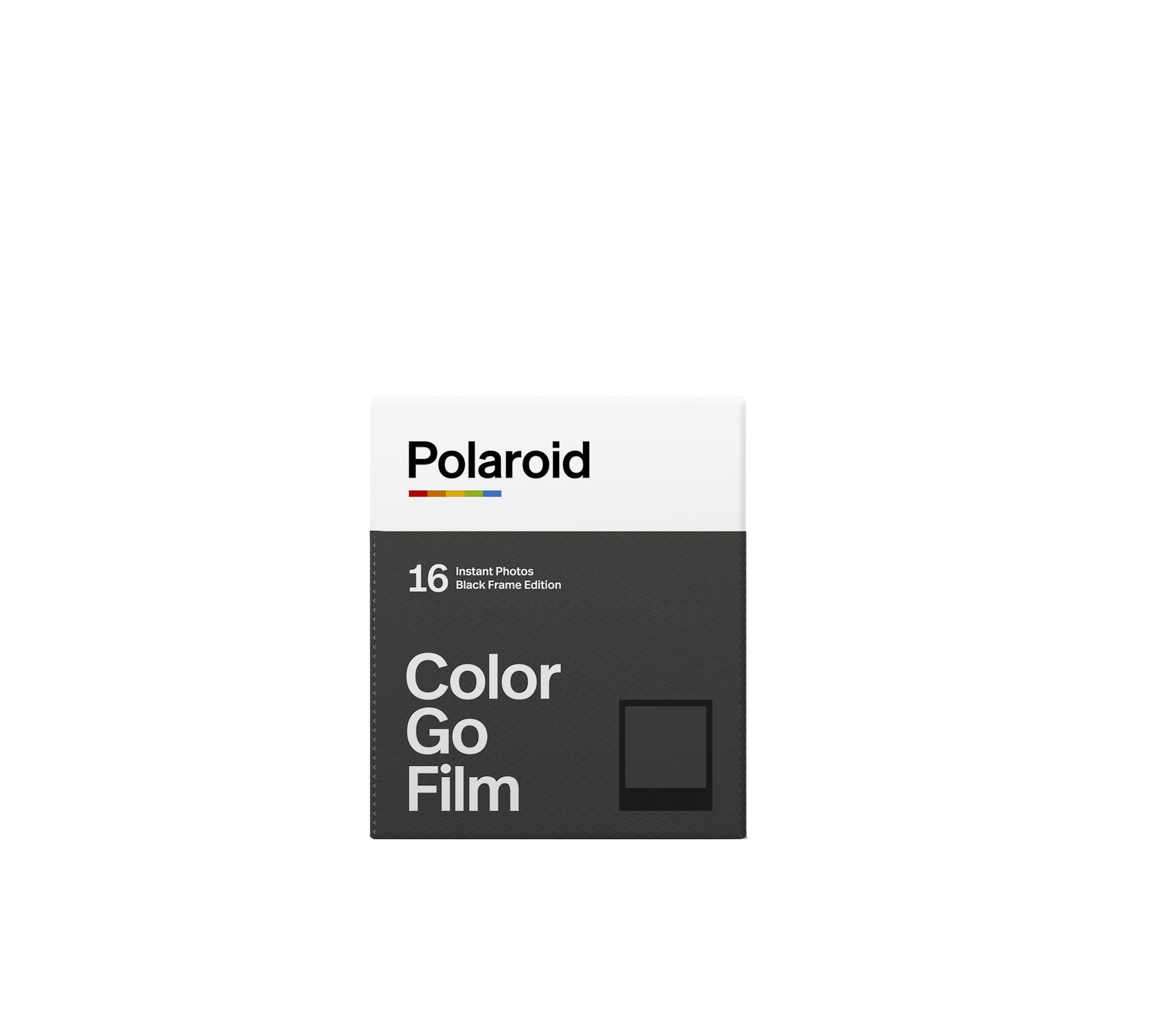 Caja de película Polaroid con el logotipo de Polaroid. La caja es blanca con una sección negra y texto.