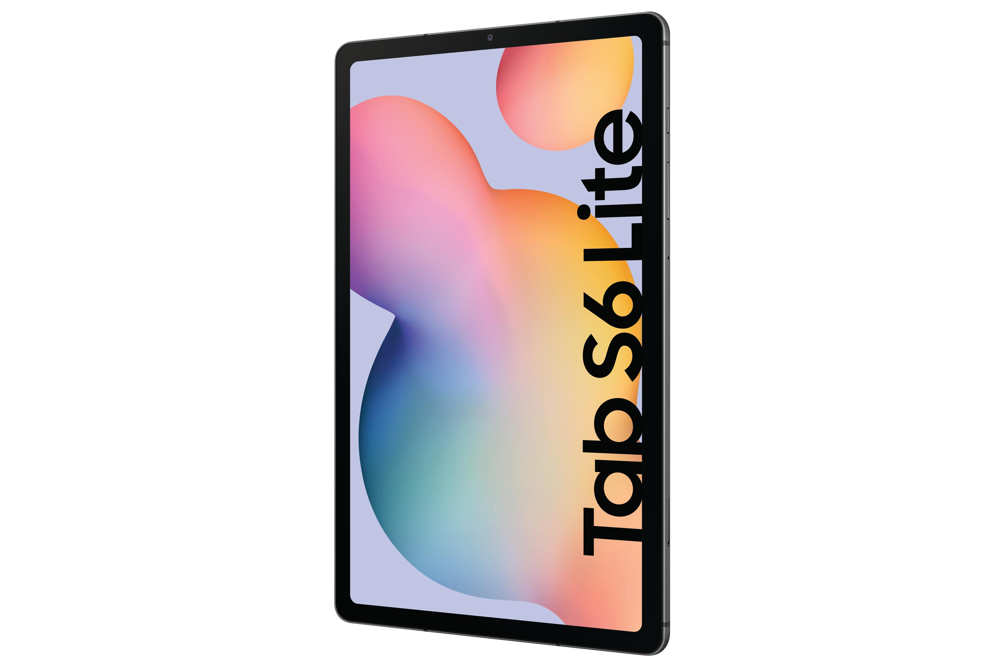 Tablet Samsung Tab S6 Lite. Czarna ramka, różowe i żółte abstrakcyjne tło na ekranie.