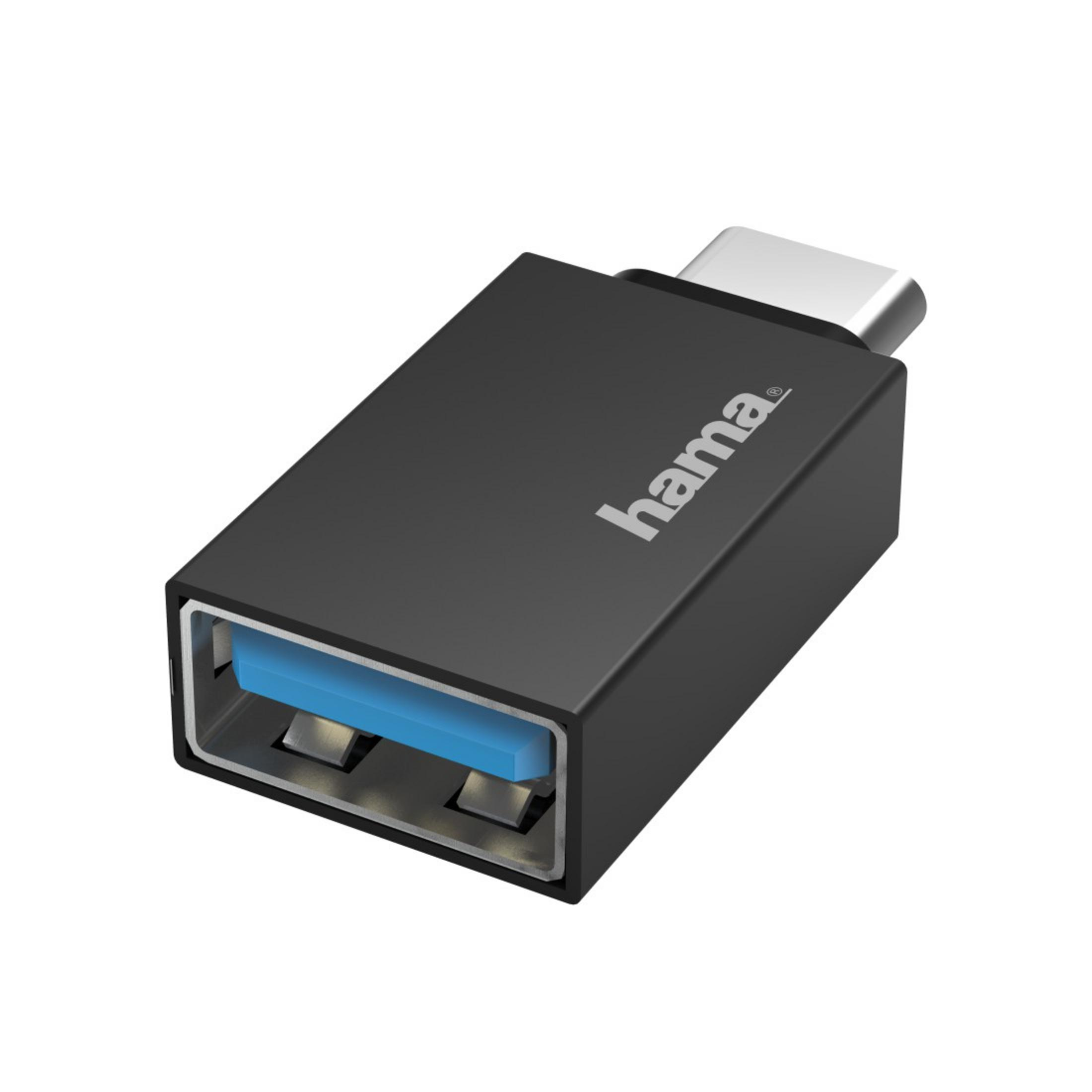 Zwarte USB-C naar USB adapter met 'hama' erop gedrukt, op een witte achtergrond, met de USB-poort.