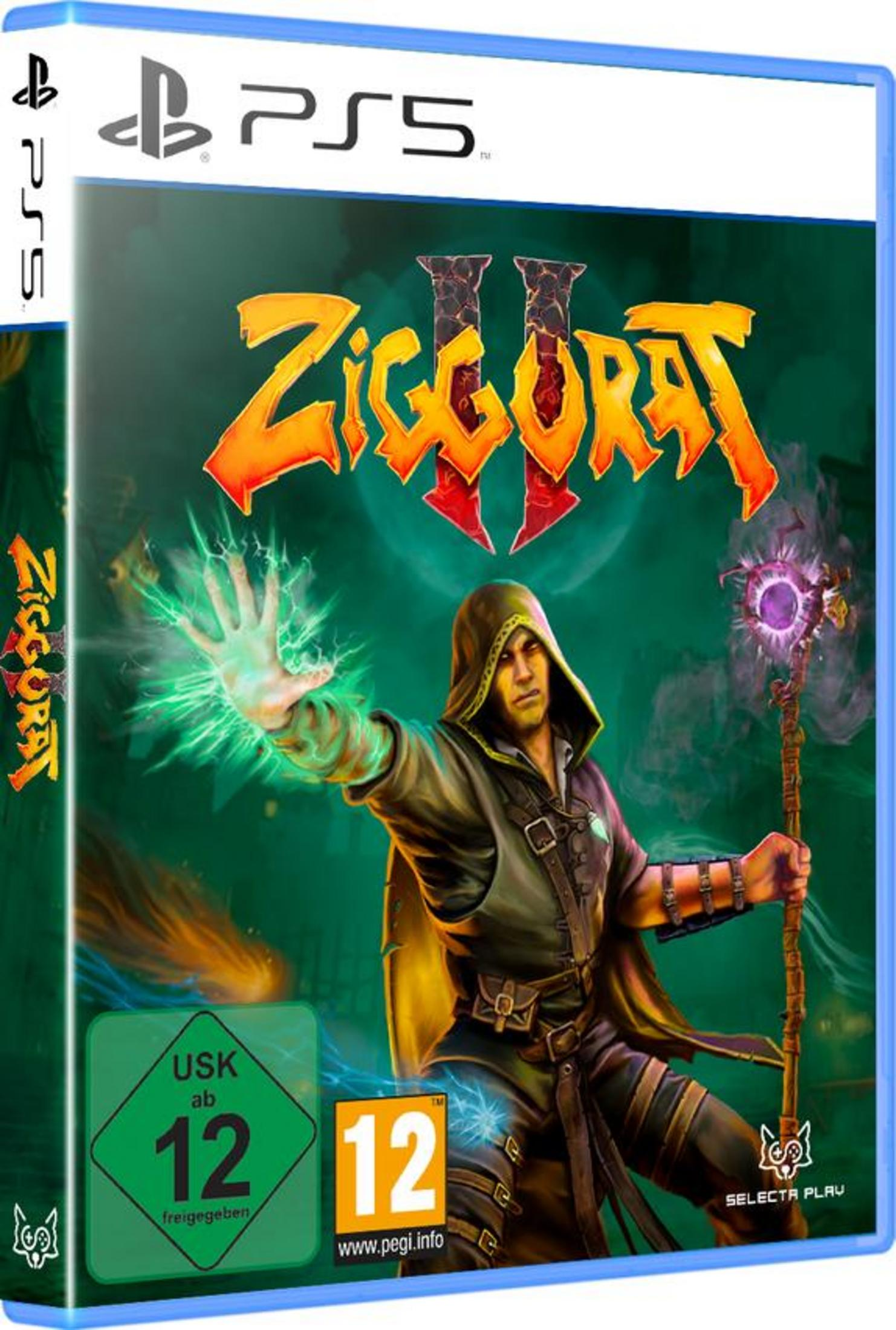 Eine PS5-Spielbox für Ziggurat II, die einen Zauberer mit leuchtenden Händen und einem Stab zeigt.