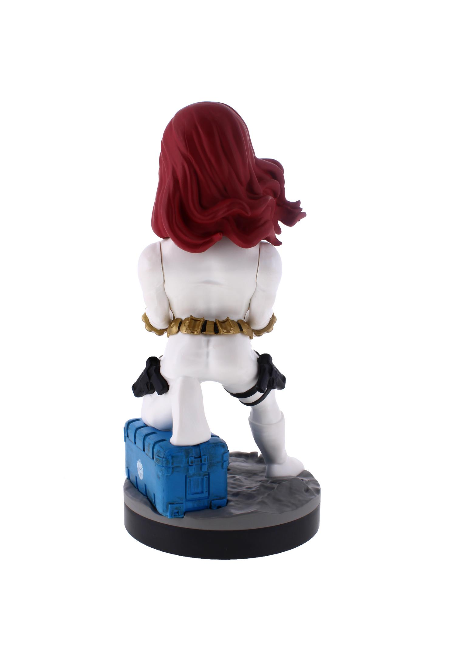 Statua di Vedova Nera, vista posteriore, inginocchiata su una base, capelli rossi e cassa blu.