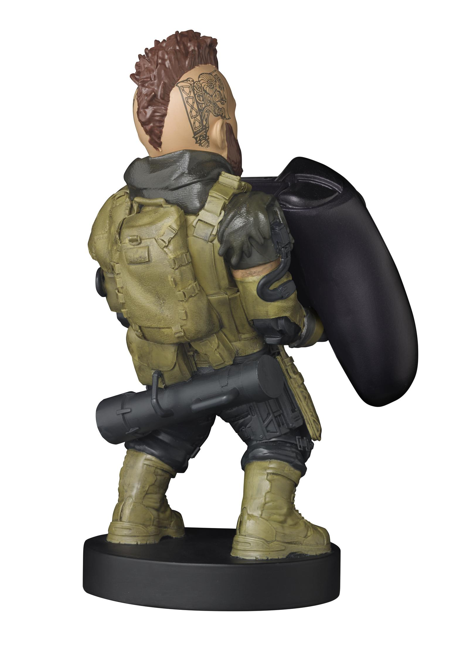 Una statuetta di un soldato che porta uno scudo e una pistola, con una base nera.