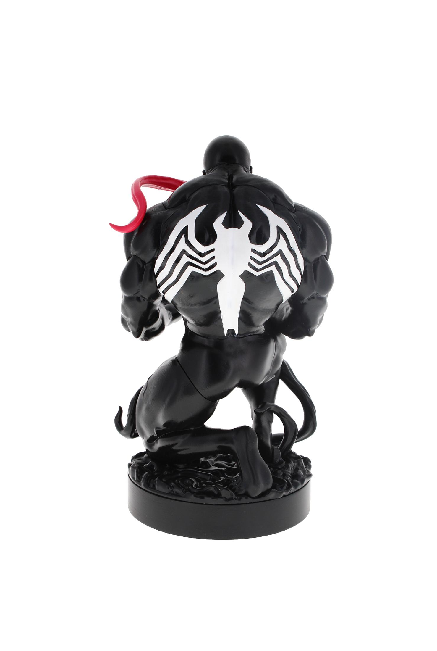 Figurina di Venom, vista posteriore, nero con un simbolo di ragno bianco sulla schiena, su una base nera.