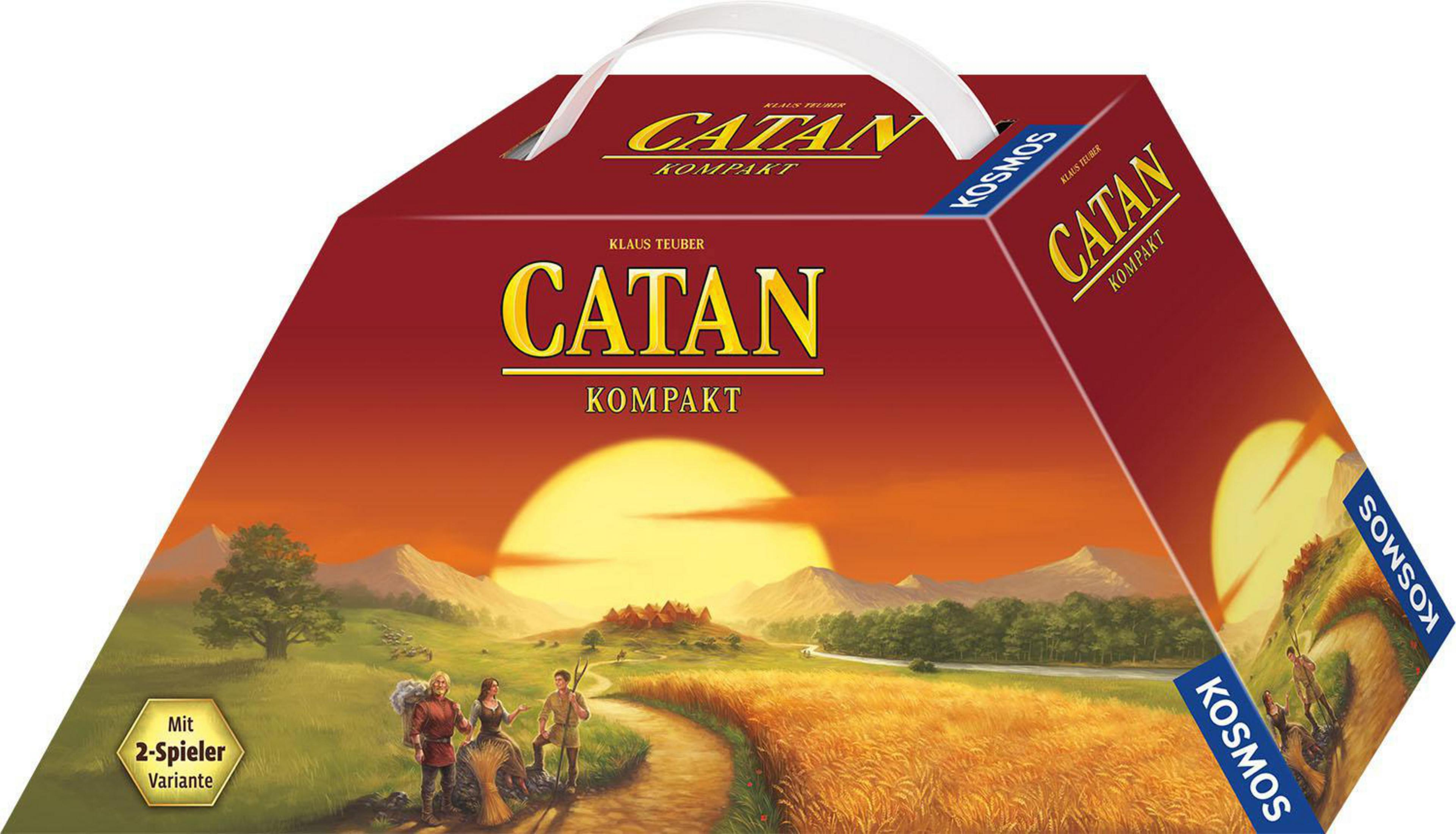 Catan Kompakt Spielbox mit Sonnenuntergang. Die Box hat einen Griff.