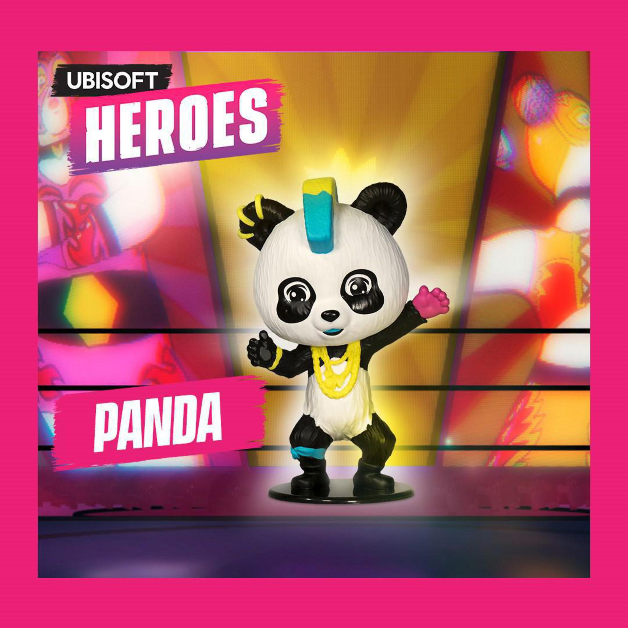 Figurine Ubisoft Heroes Panda. Panda noir et blanc avec des accents bleus et jaunes.