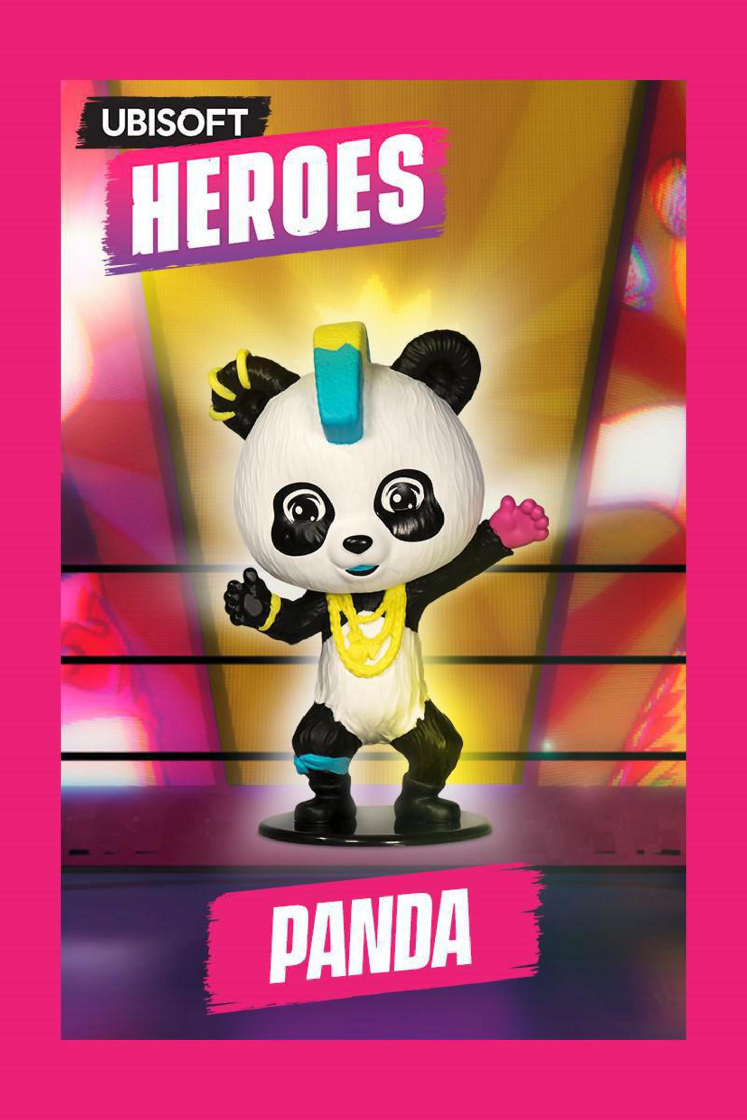 Une figurine Panda avec une crête, une chaîne en or et des gants de boxe. Elle est sur une scène avec le texte 'PANDA'.