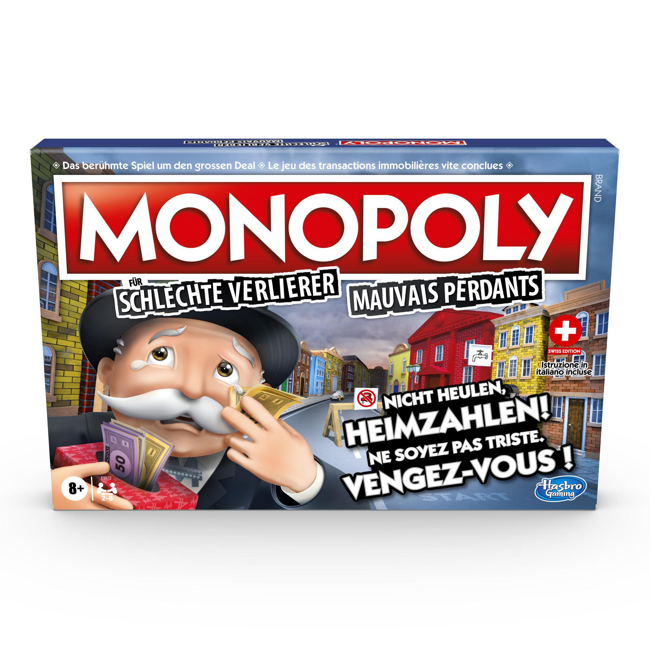 Monopoly-Brettspielbox. Zeigt Mr. Monopoly, der Geld hält, mit Gebäudeillustrationen und Text in mehreren Sprachen.