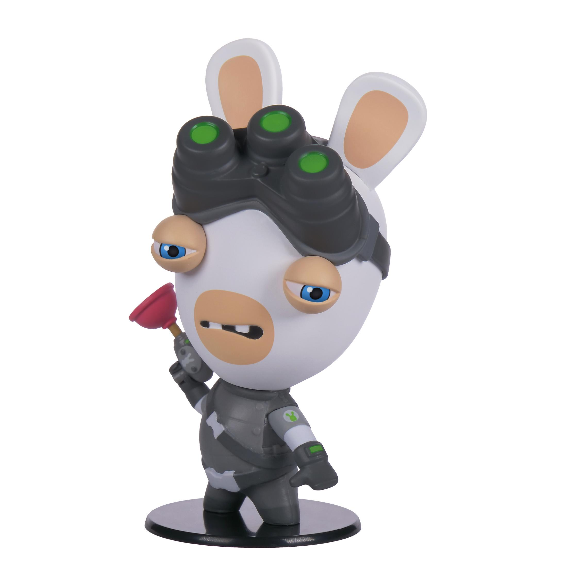 Cartoon-Kaninchenfigur mit Brille, hält einen Pömpel. Weißer Hintergrund.