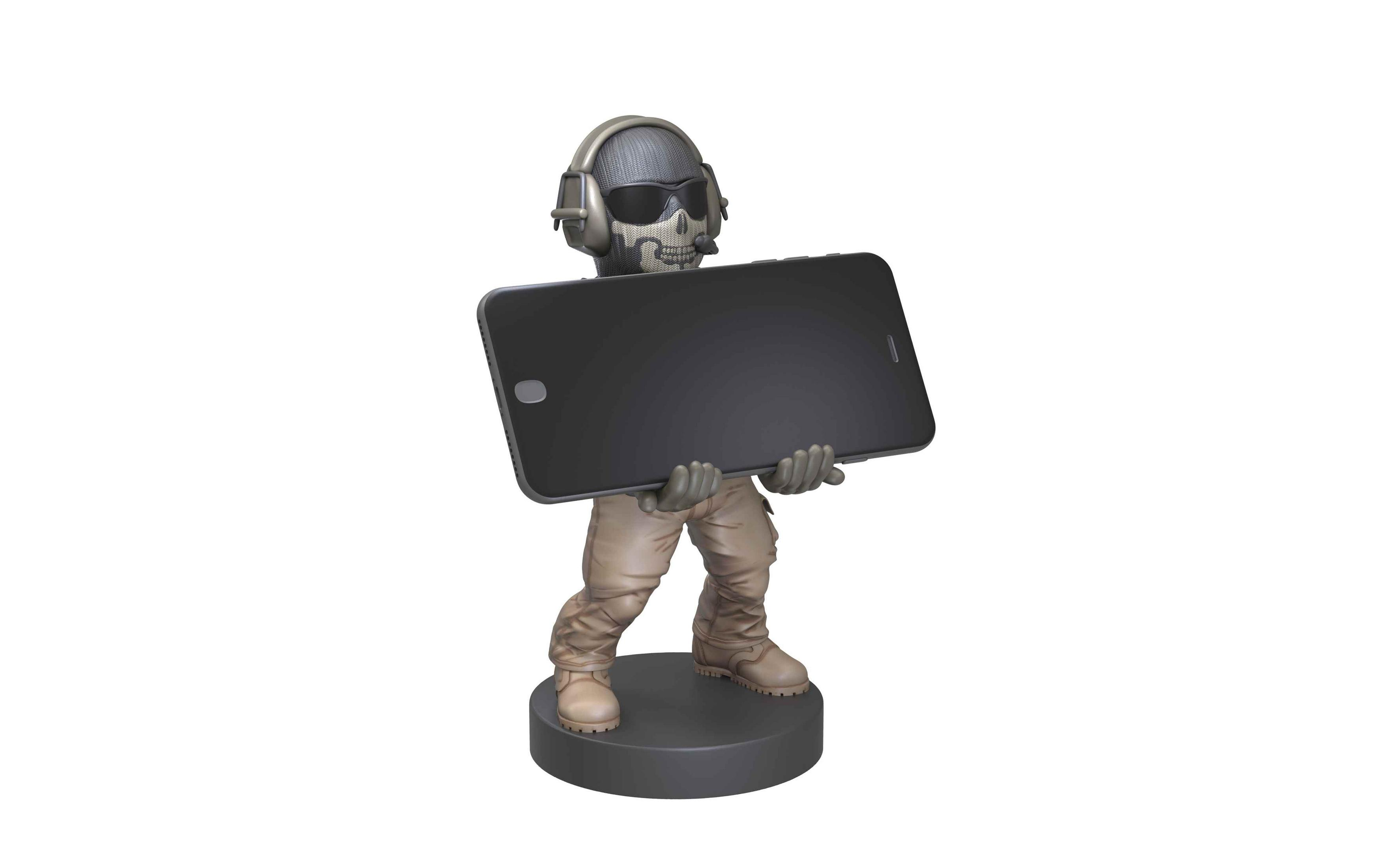 Eine Figur einer Militärperson, die ein schwarzes Tablet hält, vor weißem Hintergrund.