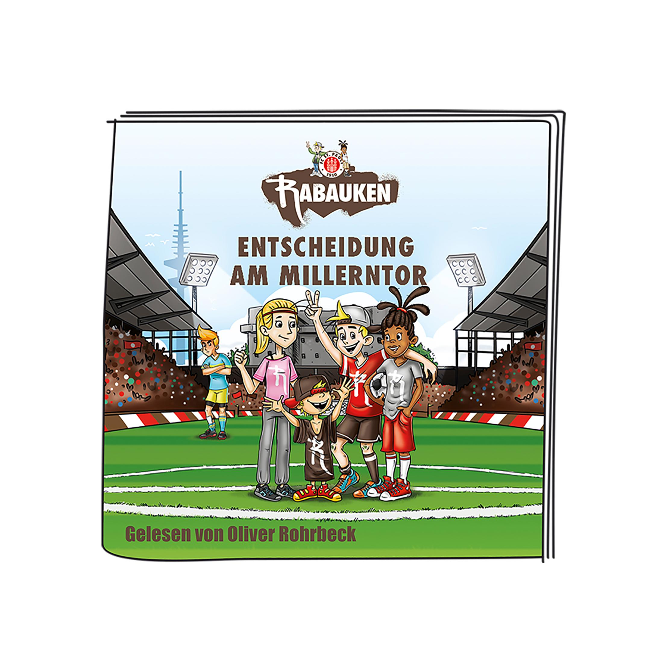 Buchcover: Cartoon von Kindern auf einem Fußballfeld, mit Stadion im Hintergrund.