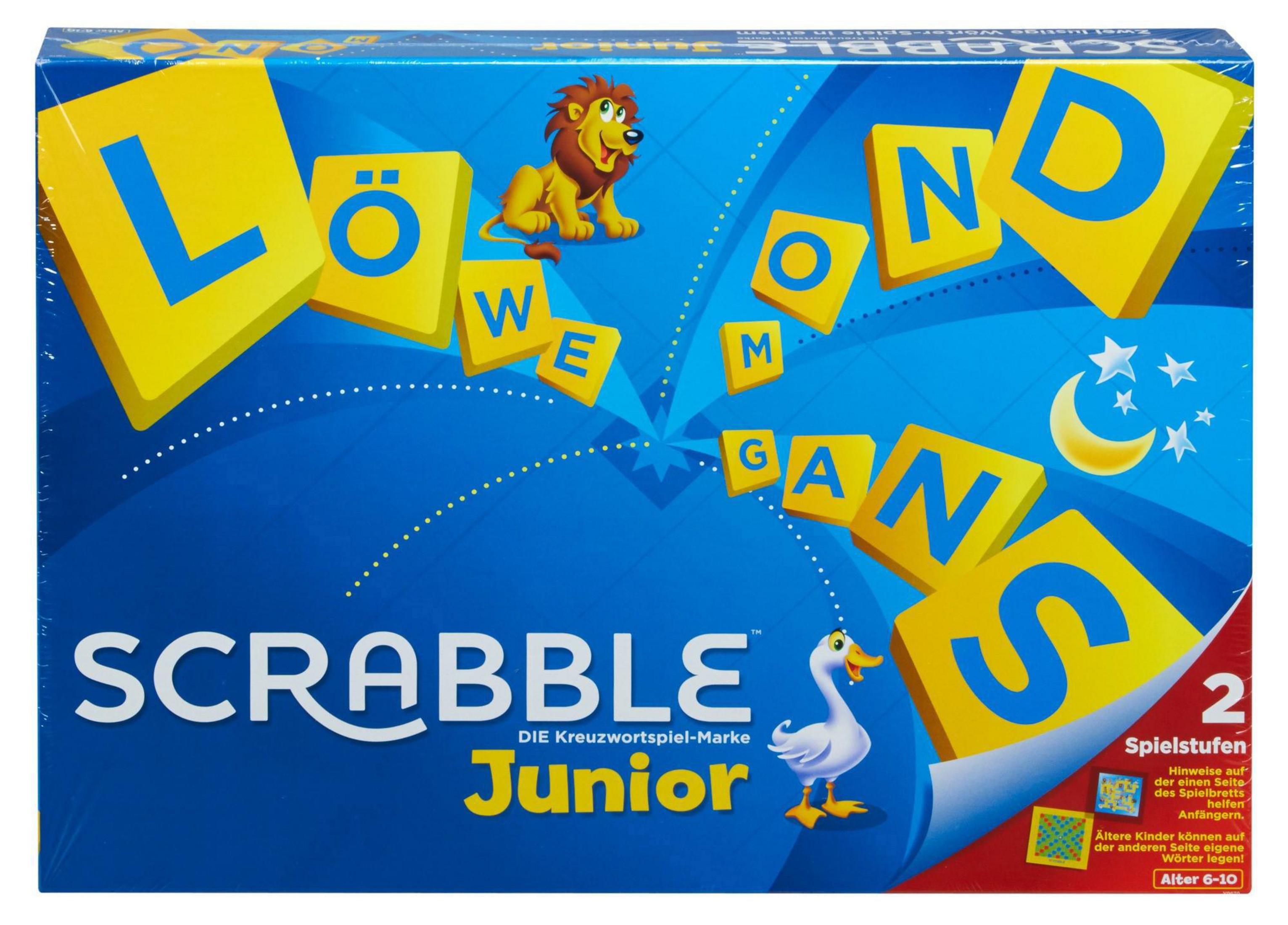 Boîte de jeu de société Scrabble Junior avec lettres jaunes, un lion et une oie.