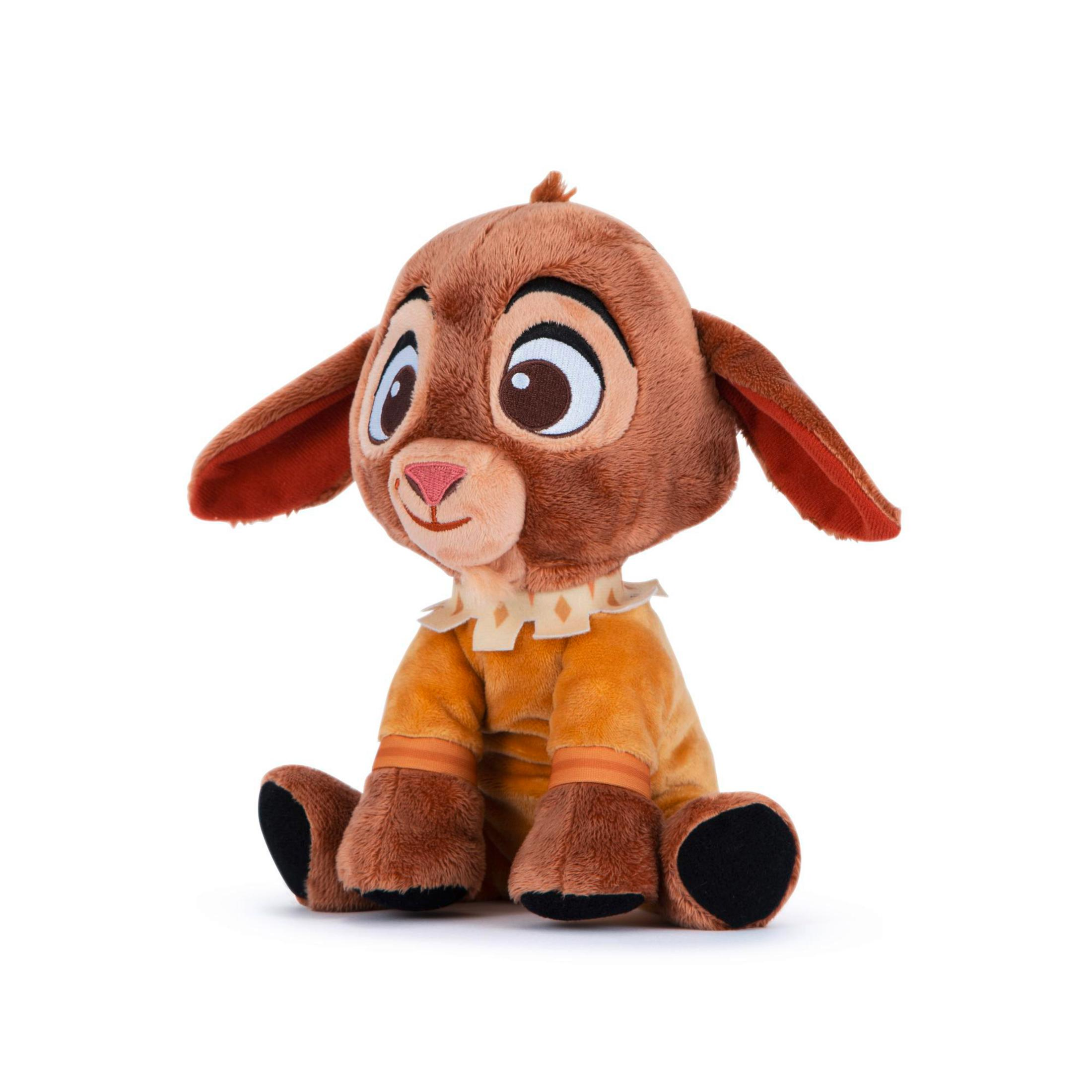 Brązowa pluszowa zabawka z jagnięciem z dużymi oczami i żółtym kołnierzem siedząca na białym tle.