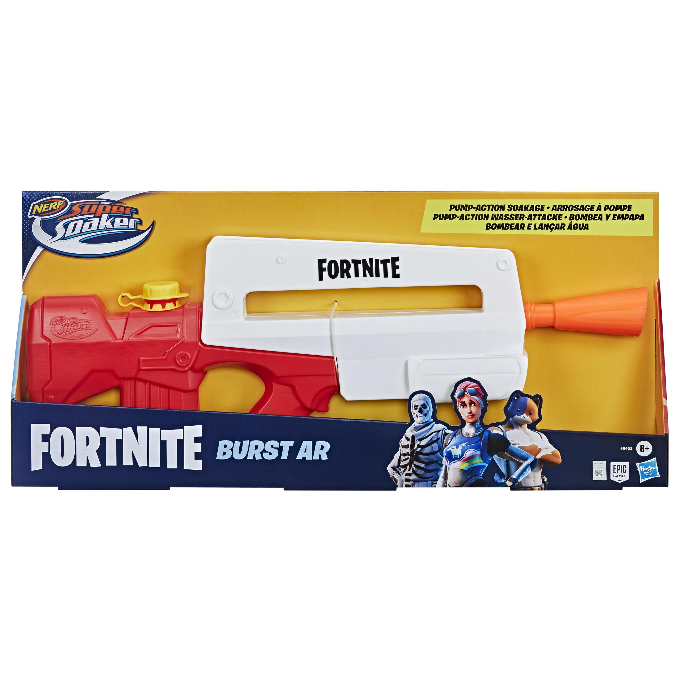 Embalaje de pistola de agua Fortnite. La pistola es blanca y roja, con personajes y marca del juego.