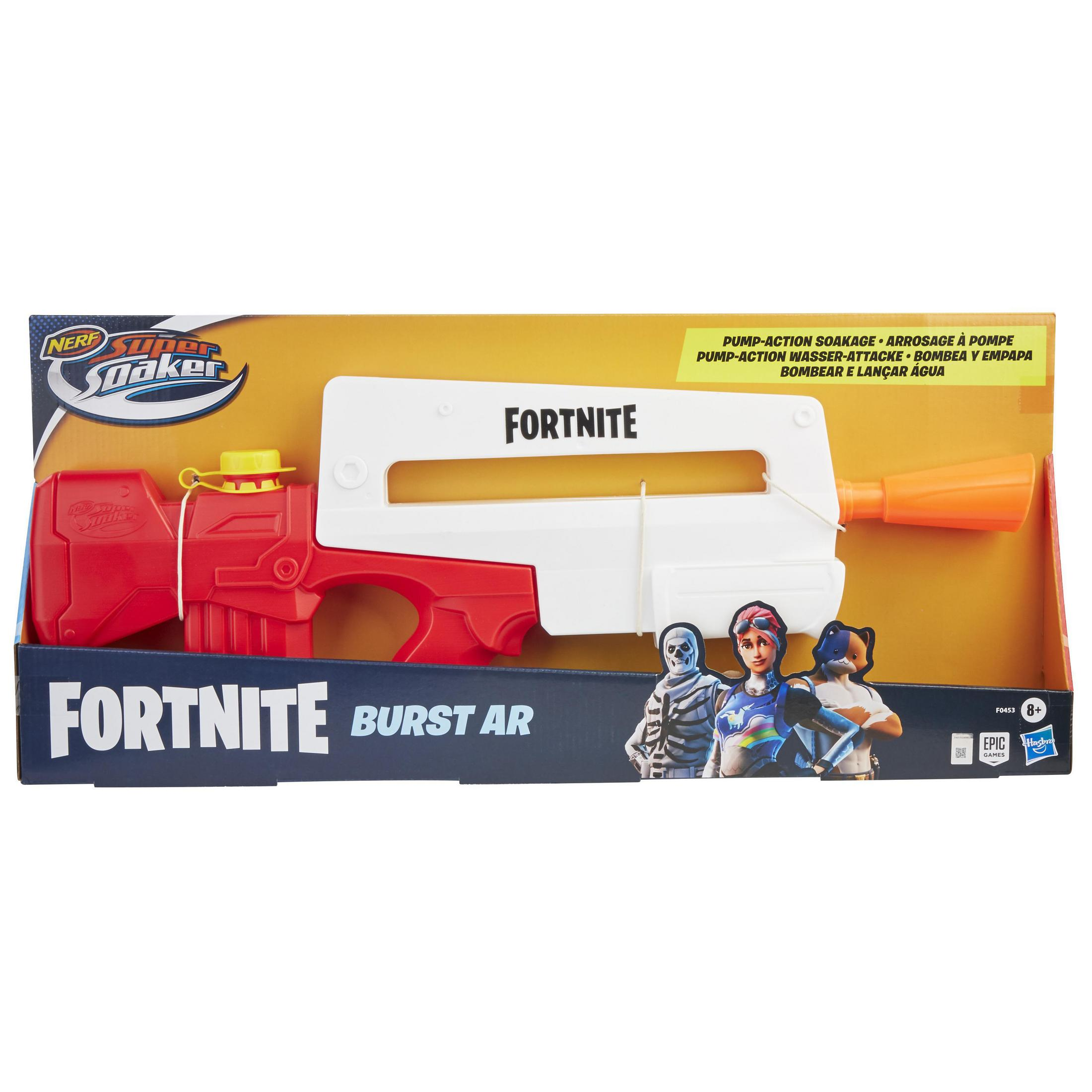 Una pistola de juguete Fortnite Burst AR en una caja. Es roja y blanca con detalles naranjas y el logo de Fortnite.