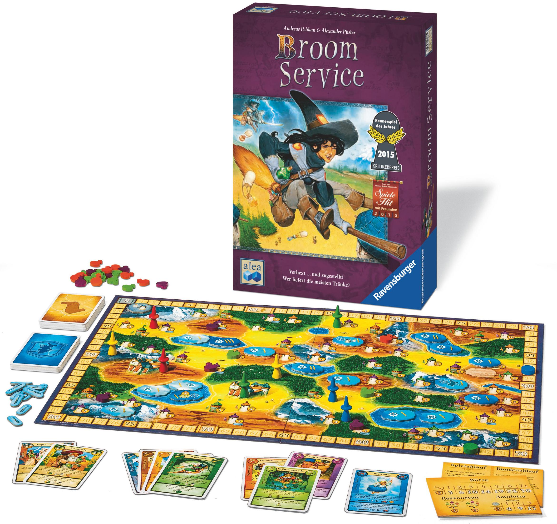 Das Brettspiel 'Broom Service' mit Box und Spielmaterial auf weißer Oberfläche.