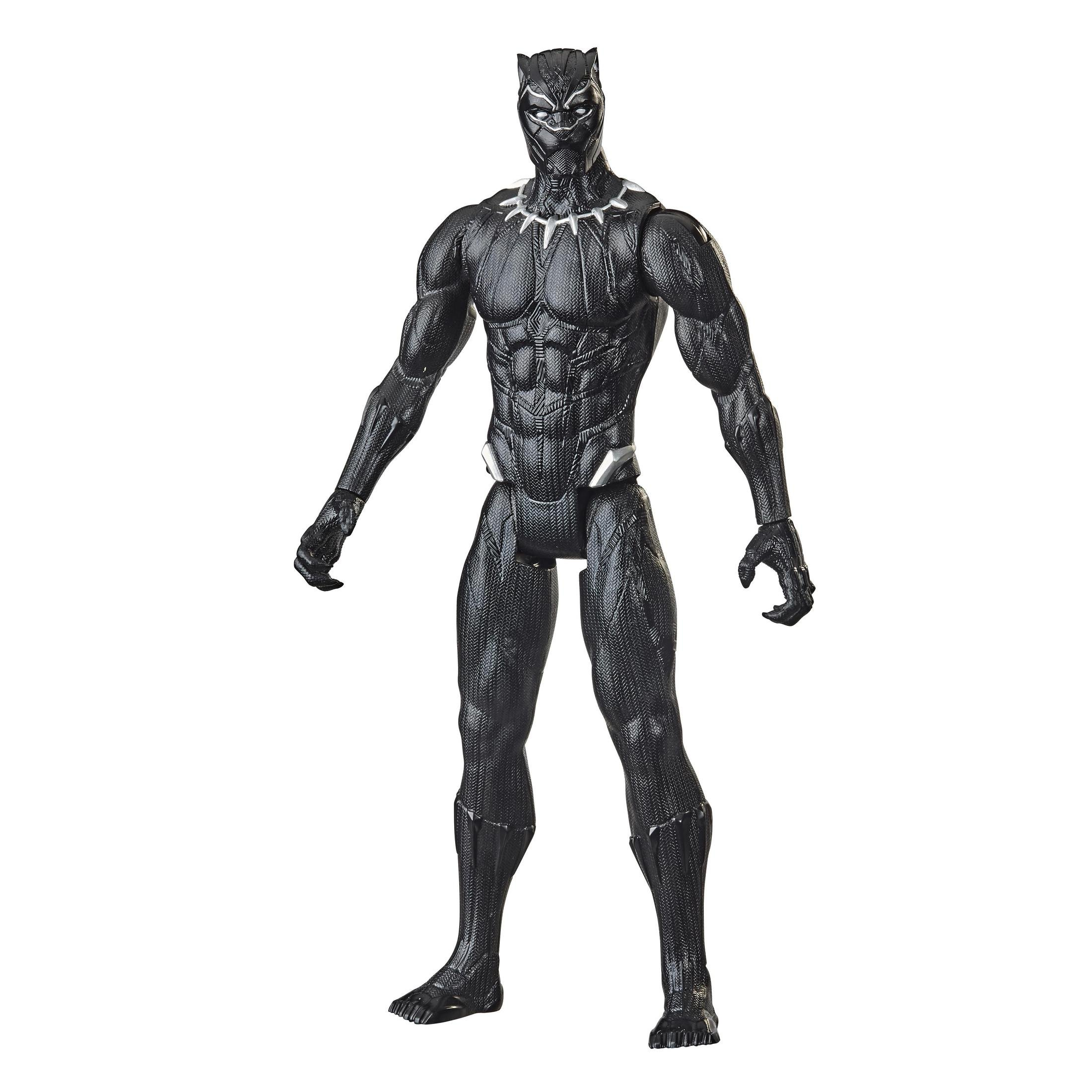 Figura de acción de Pantera Negra, en pose de superhéroe. Traje negro y plateado.