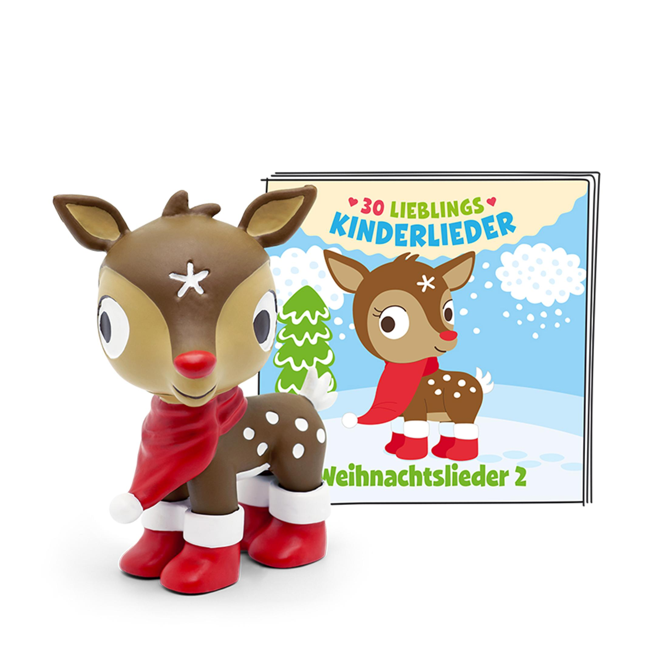 Eine Weihnachts-Rentierfigur mit einem Buch mit dem Titel '30 Lieblings Kinderlieder'. Sie hat rote Stiefel und einen Schal.