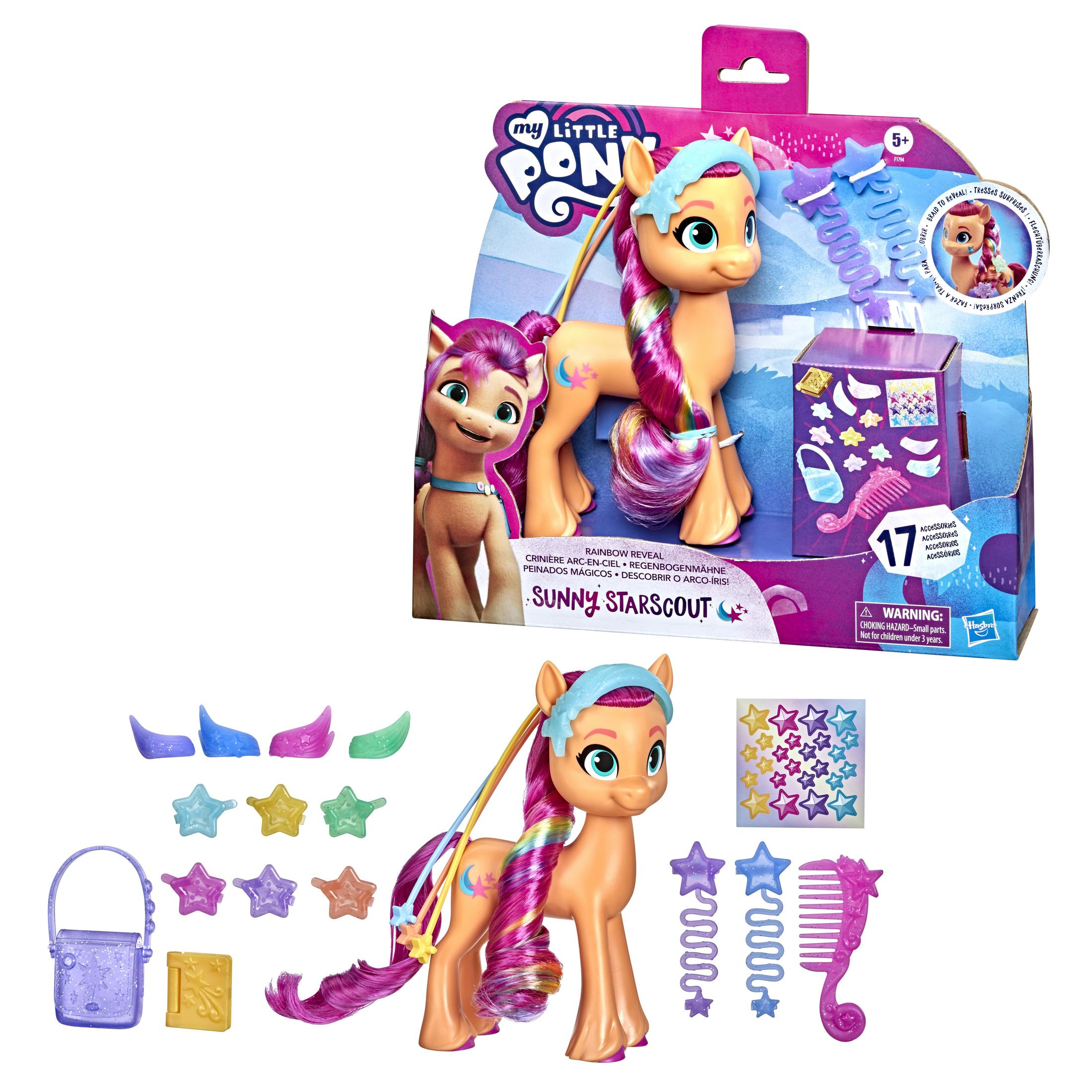 Un set di giocattoli My Little Pony. Il pony Sunny Starscout, accessori e confezione sono mostrati su uno sfondo bianco.
