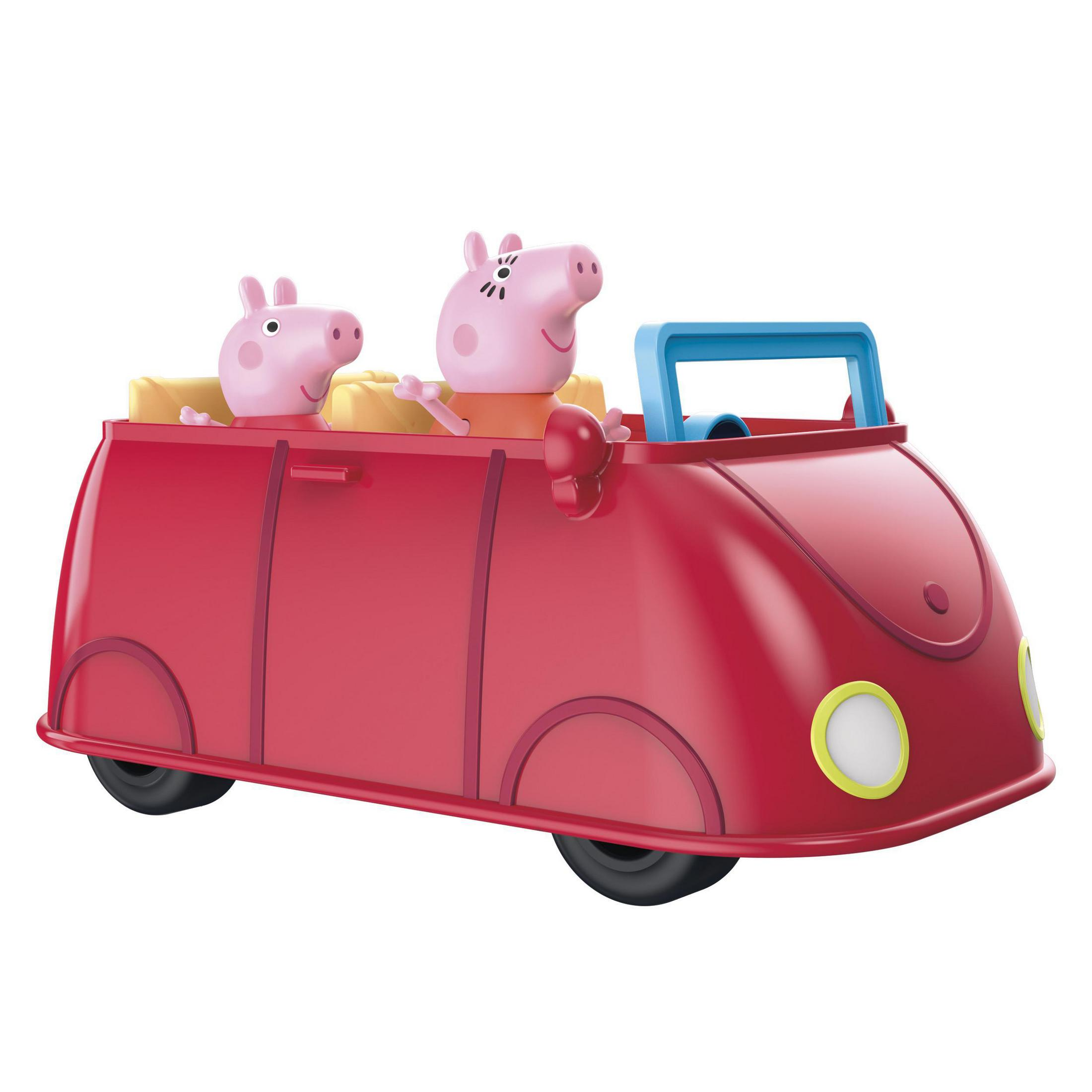 Peppa Pig y un amigo en un coche rojo. El coche tiene barra azul y asiento amarillo.