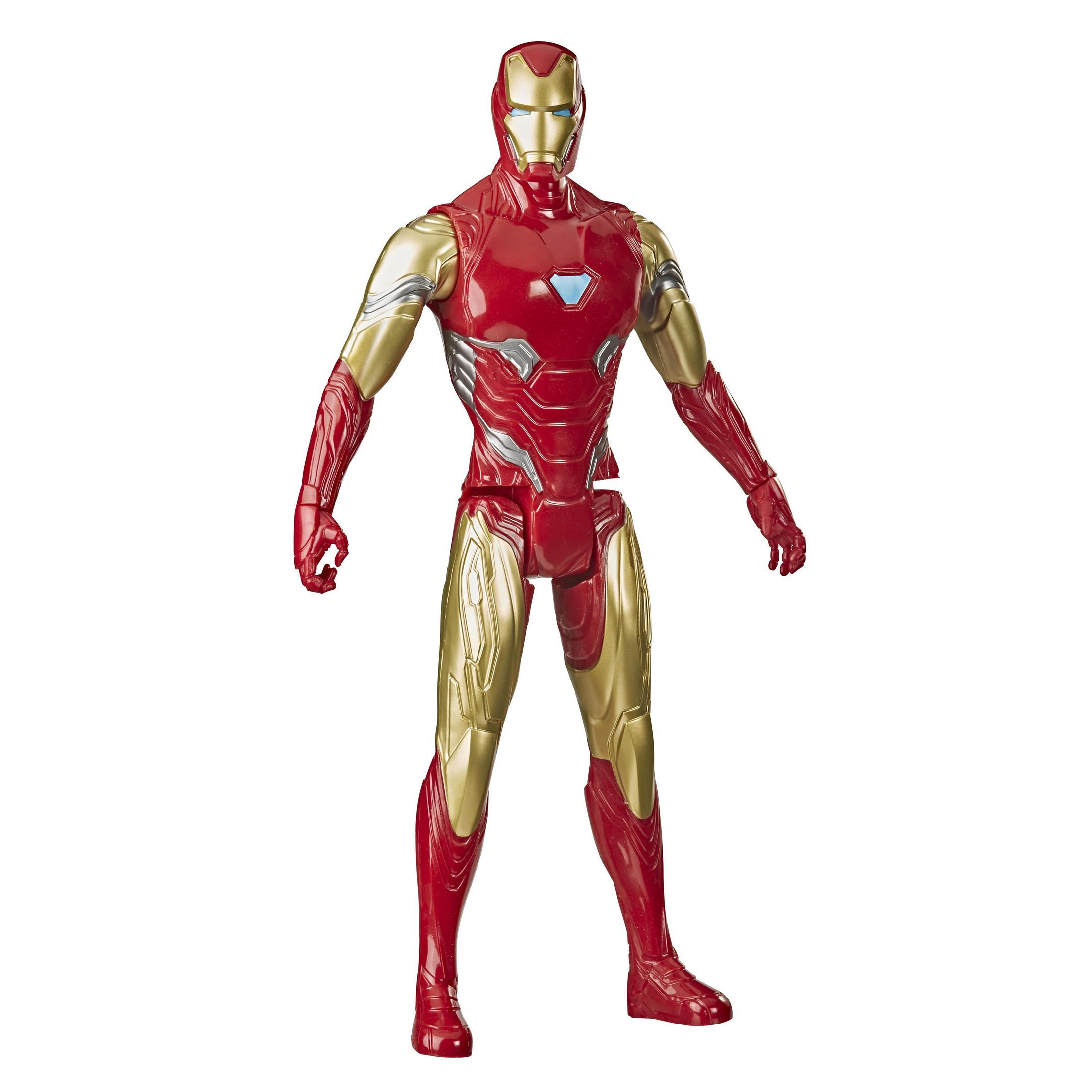 Figura de acción de Iron Man en rojo y dorado. Fondo blanco.