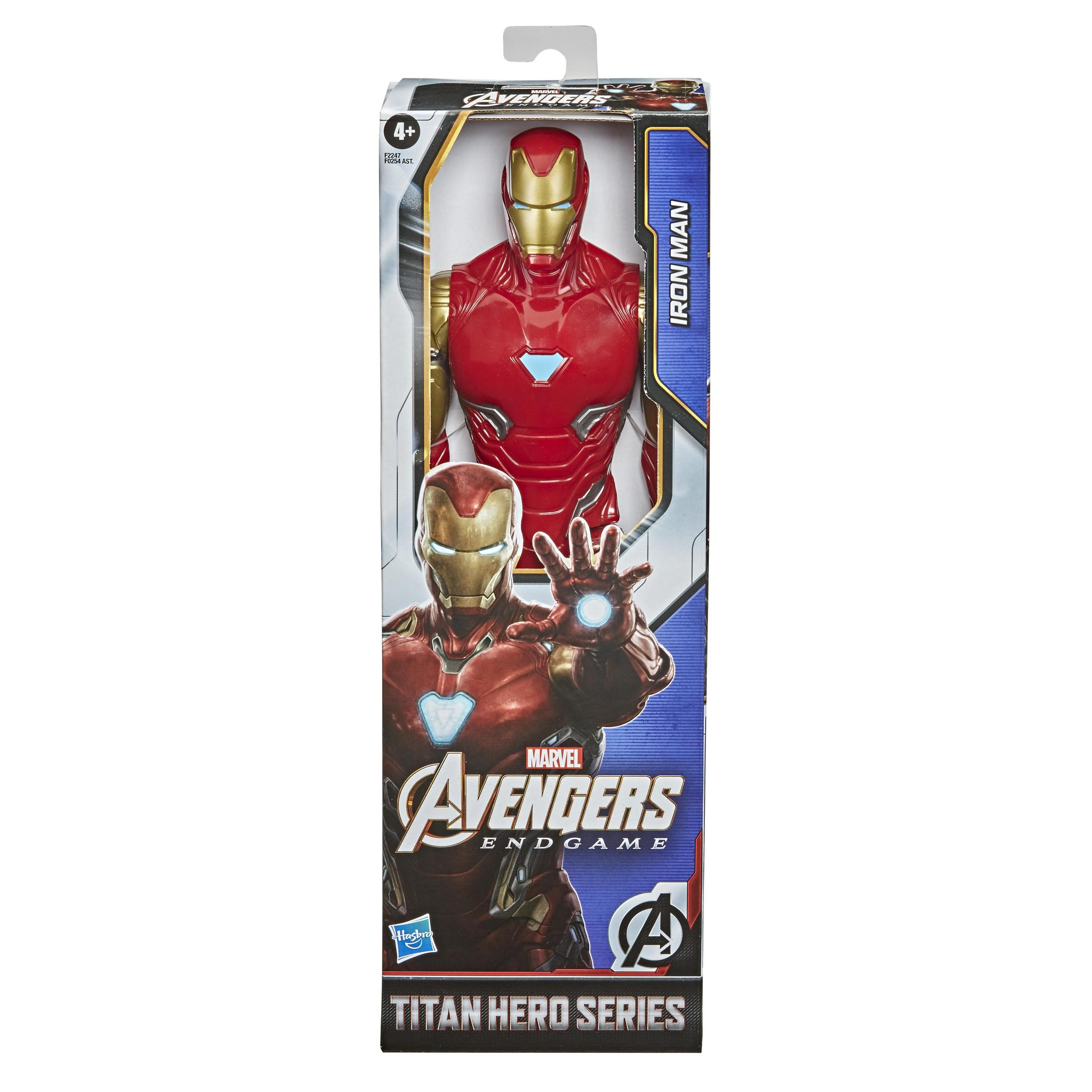 Figura de acción de Iron Man en una caja. La caja presenta la imagen de Iron Man y el logo de Avengers.