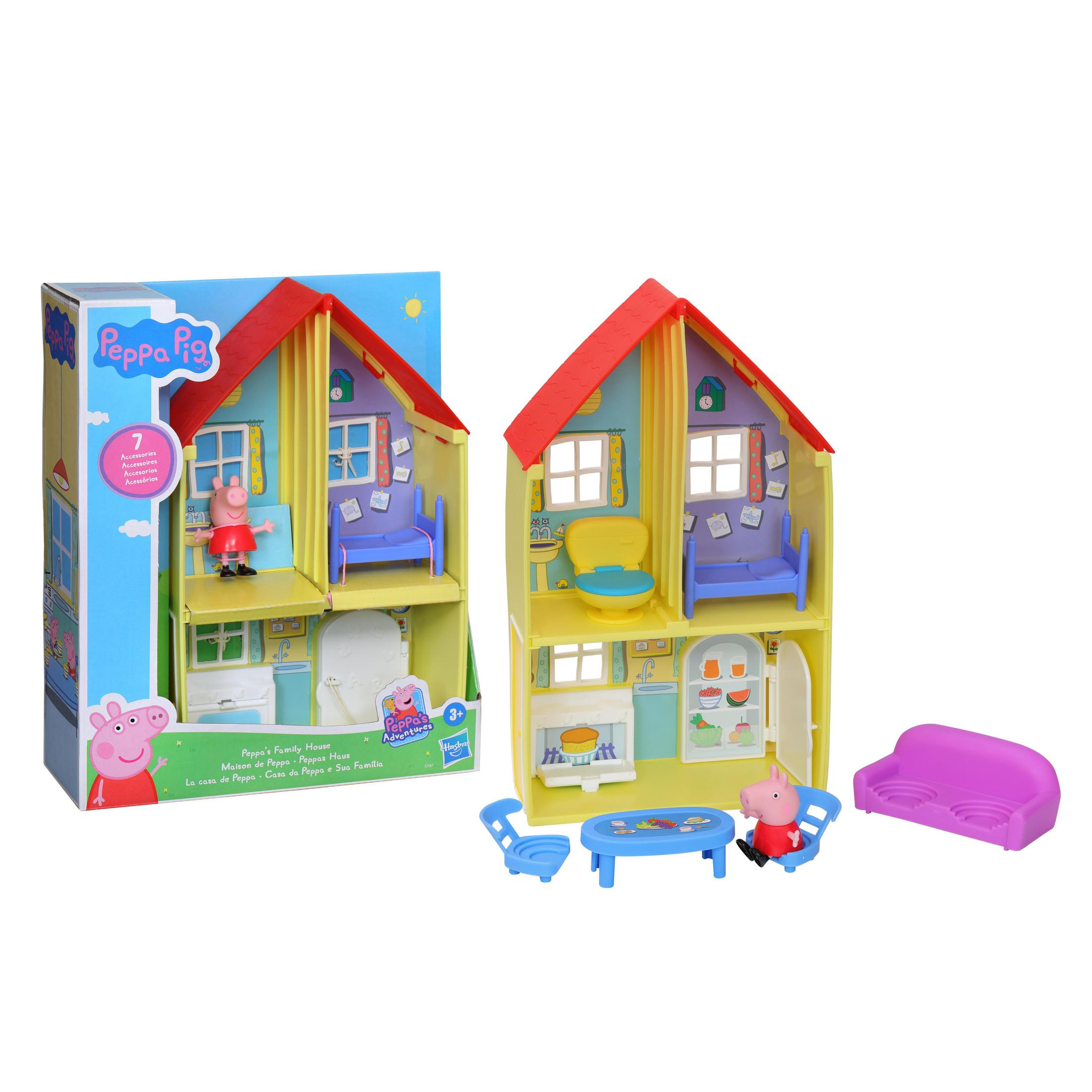 Set de juego de la casa de la familia de Peppa Pig con figuras y accesorios en caja.