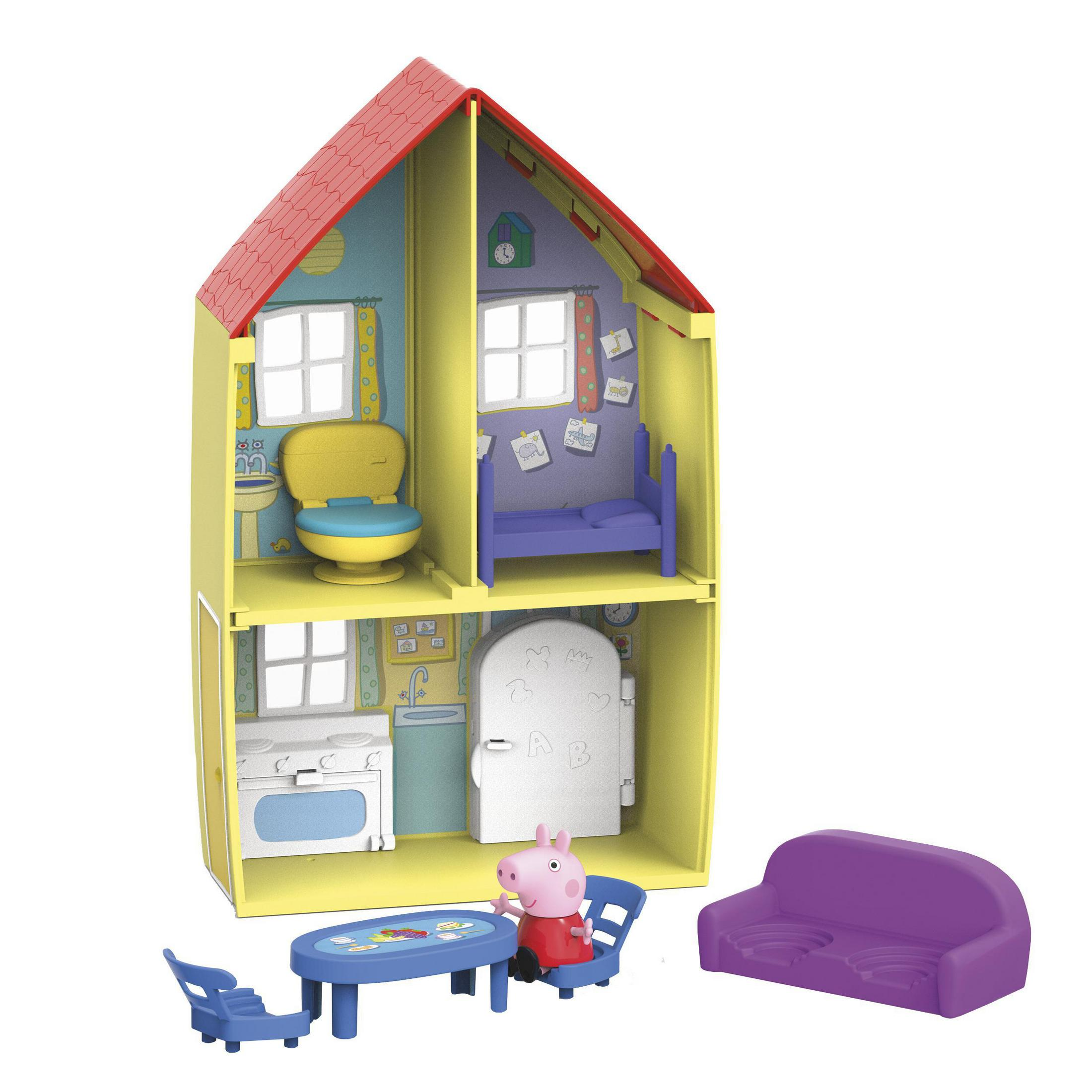 Una casa de muñecas de Peppa Pig con Peppa, mesa, sillas y un sofá morado.